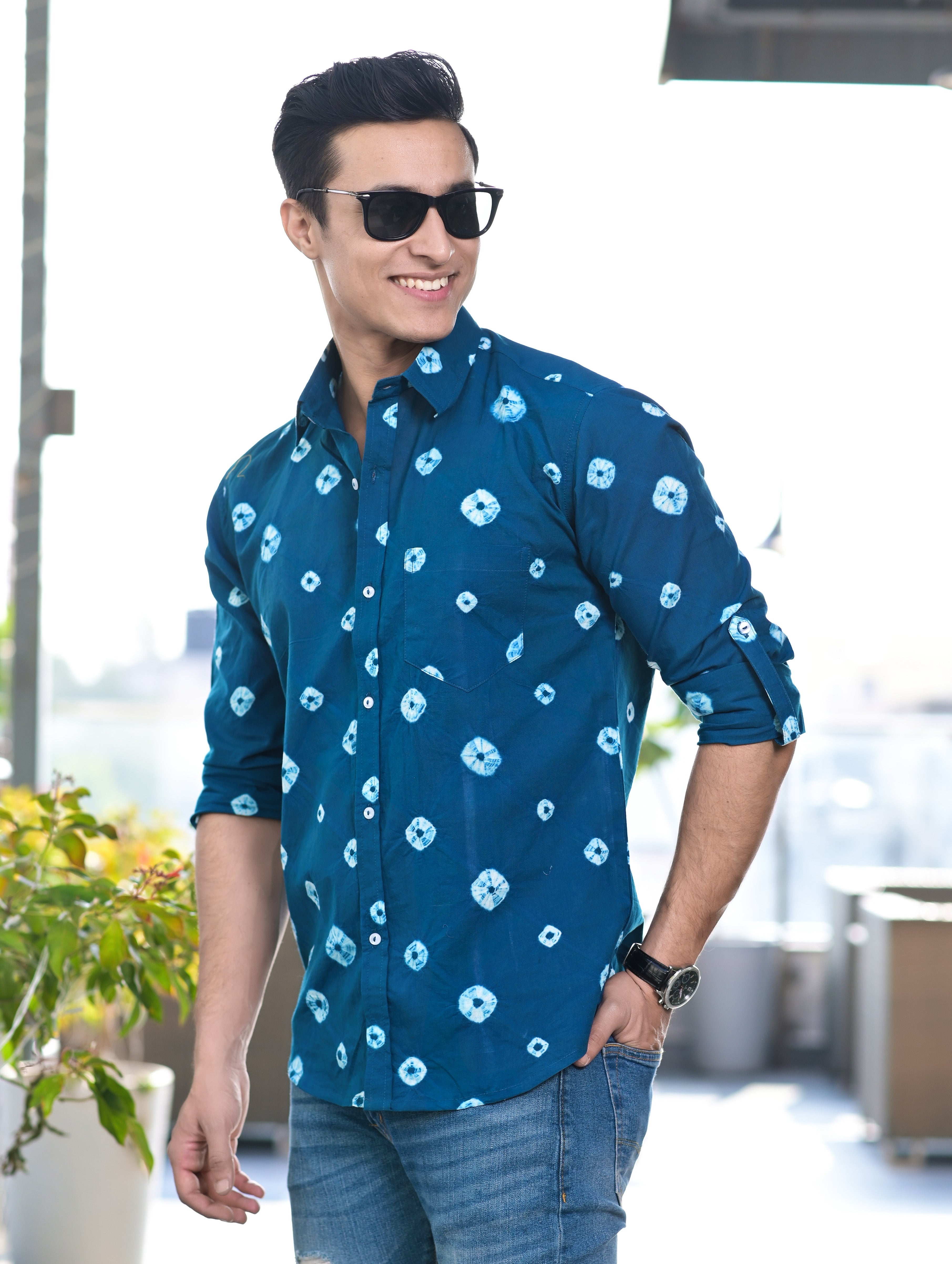 Qala Jaipur Dark Blue Bandhani Tie-Dye Cotton Shirt for Men | Rajasthani Hand-Dyed Bandhani Shirt