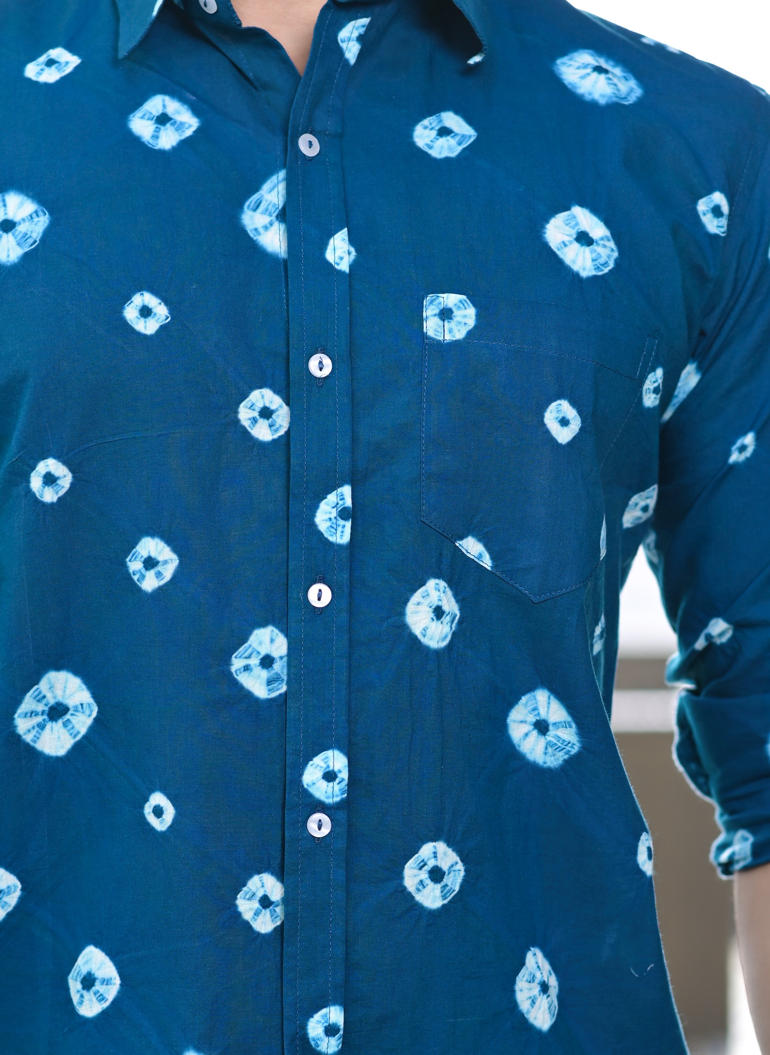 Qala Jaipur Dark Blue Bandhani Tie-Dye Cotton Shirt for Men | Rajasthani Hand-Dyed Bandhani Shirt