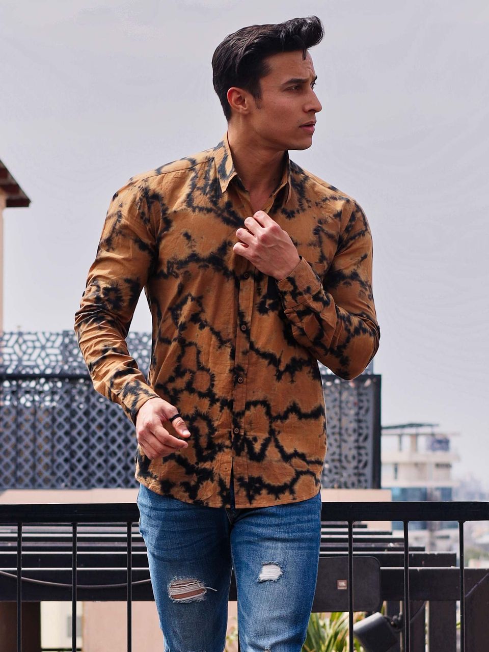 Qala Jaipur Black & Brown Tie-Dye Cotton Shirt for Men | Rajasthani Hand-Dyed Shibori Shirt