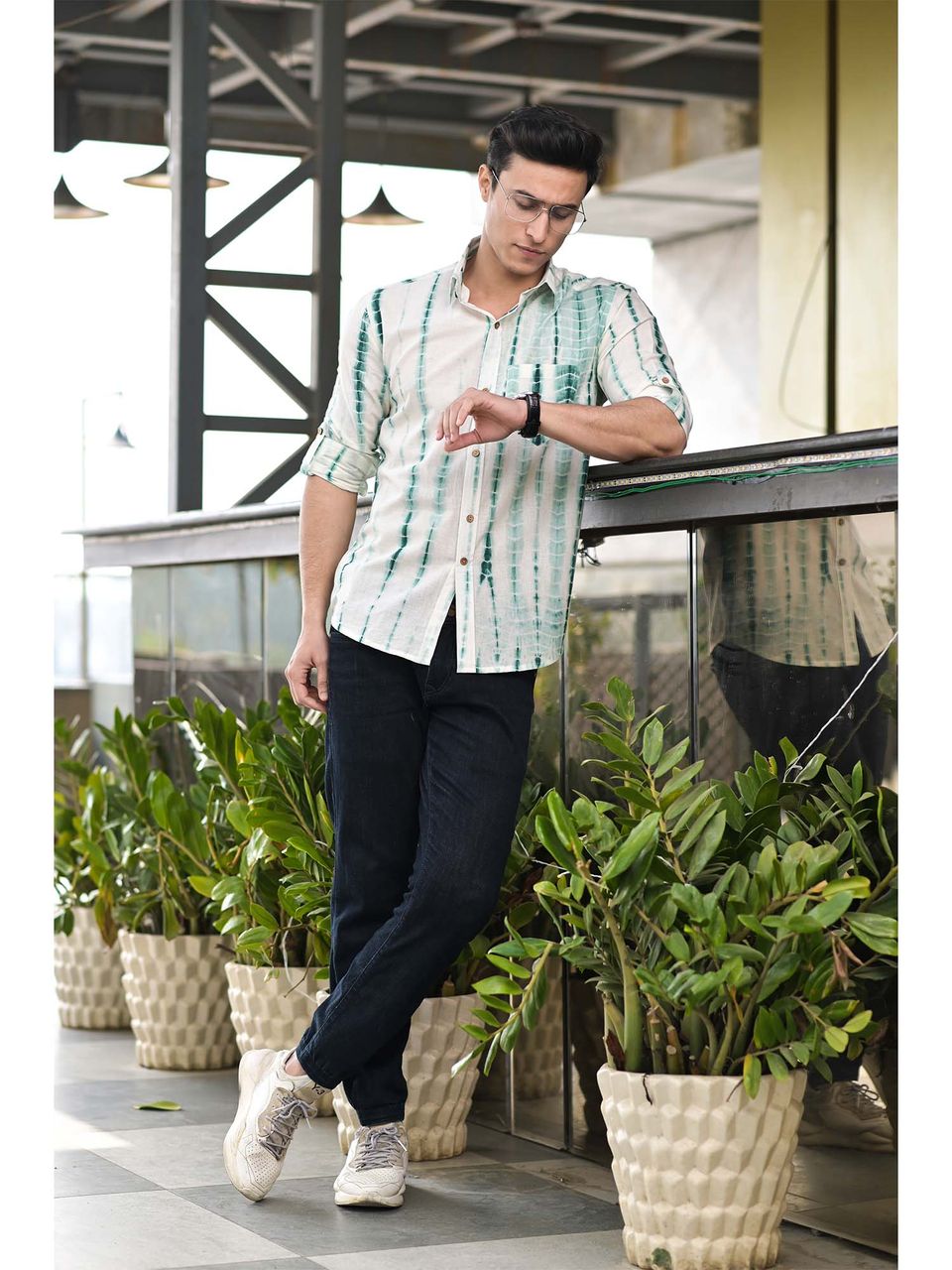 Qala Jaipur White & Green Tie-Dye Cotton Shirt for Men | Rajasthani Hand-Dyed Shibori Shirt