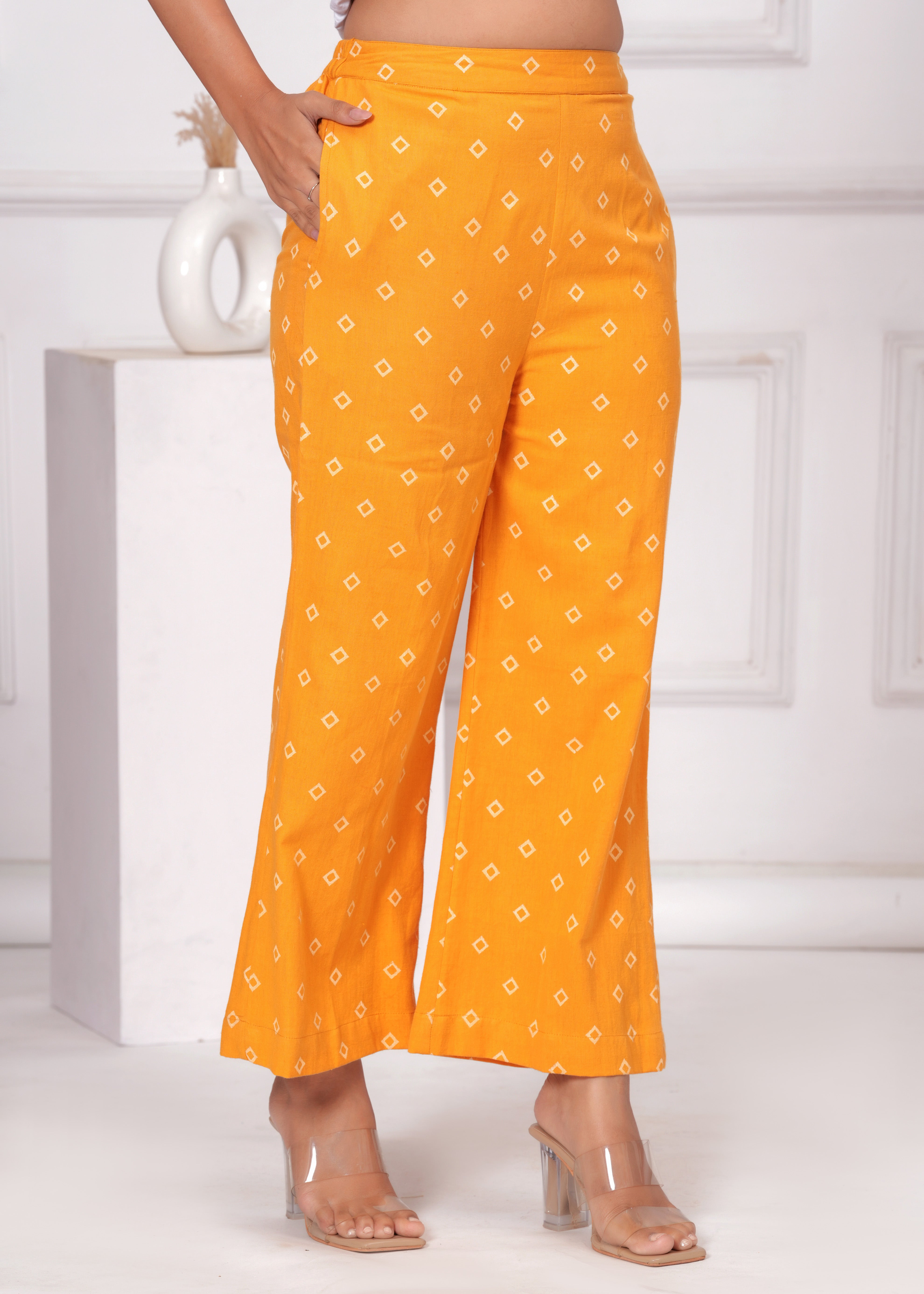 Qala Jaipur Mustard Bandhej Khari Print Puff Sleeve Crop Top & Wide Leg Pant Co-ord Set