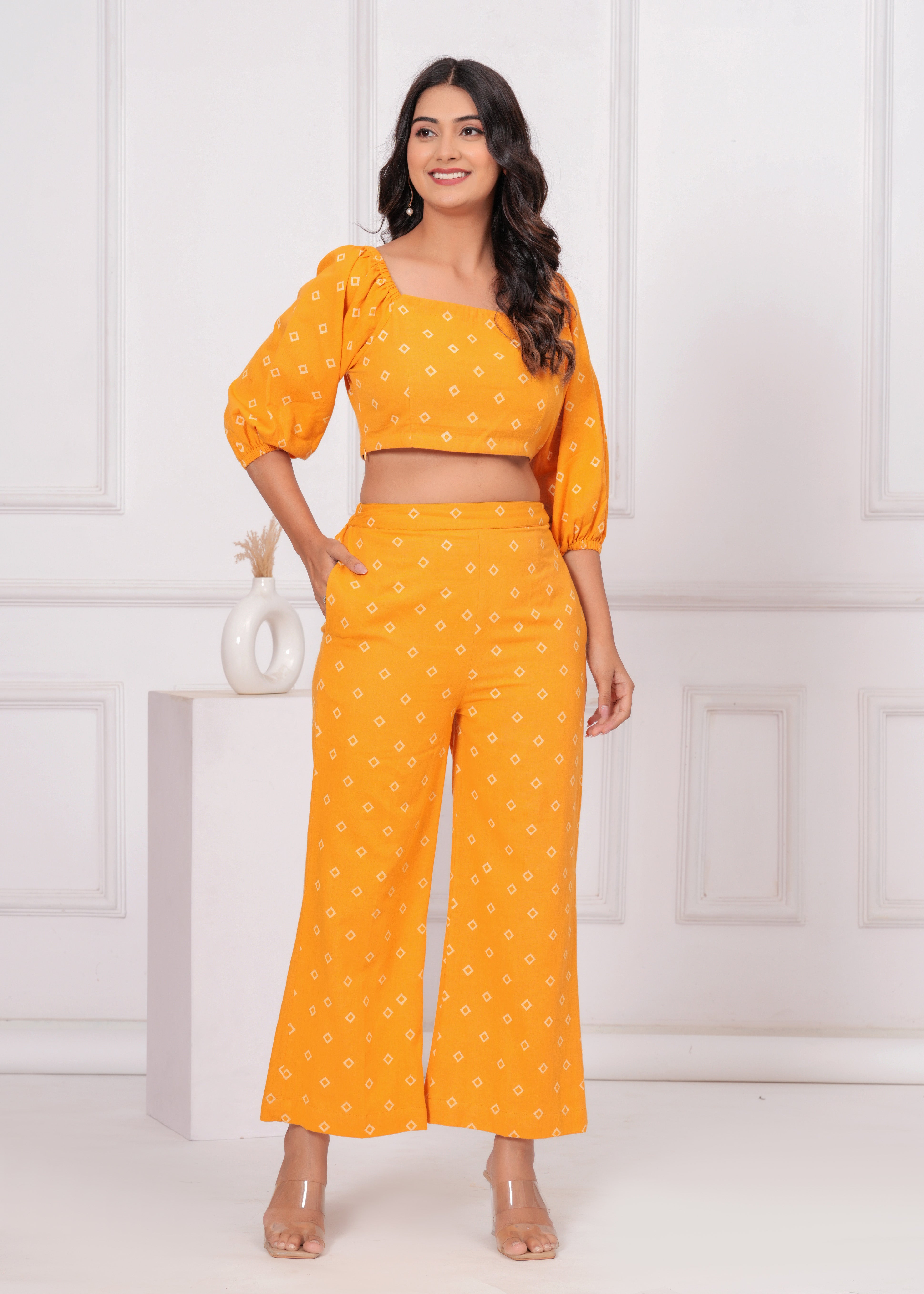 Qala Jaipur Mustard Bandhej Khari Print Puff Sleeve Crop Top & Wide Leg Pant Co-ord Set
