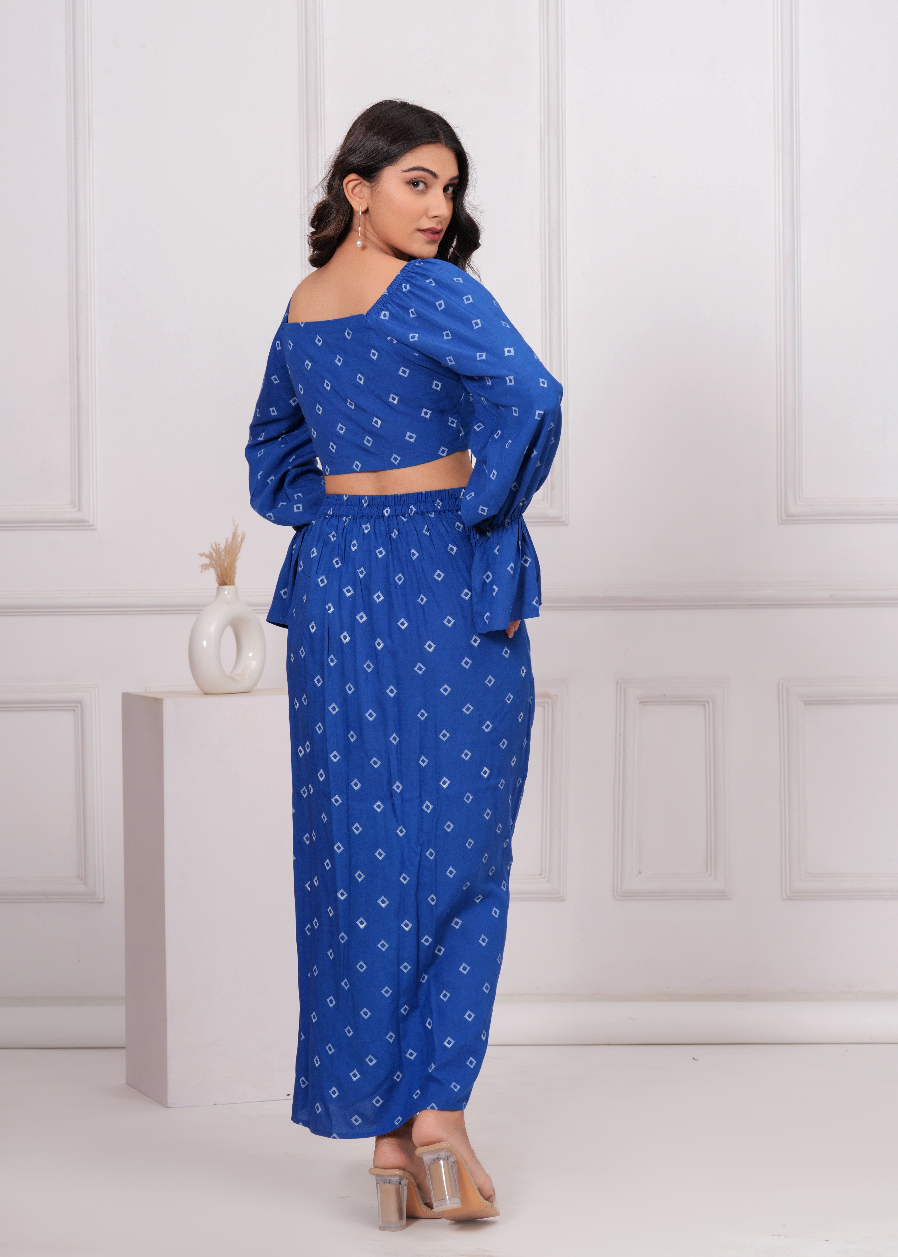 Qala Jaipur Cobalt Blue Bandhej Print Co-ord Set | Boho Off-Shoulder Crop Top & Wrap Skirt, Handmade in India
