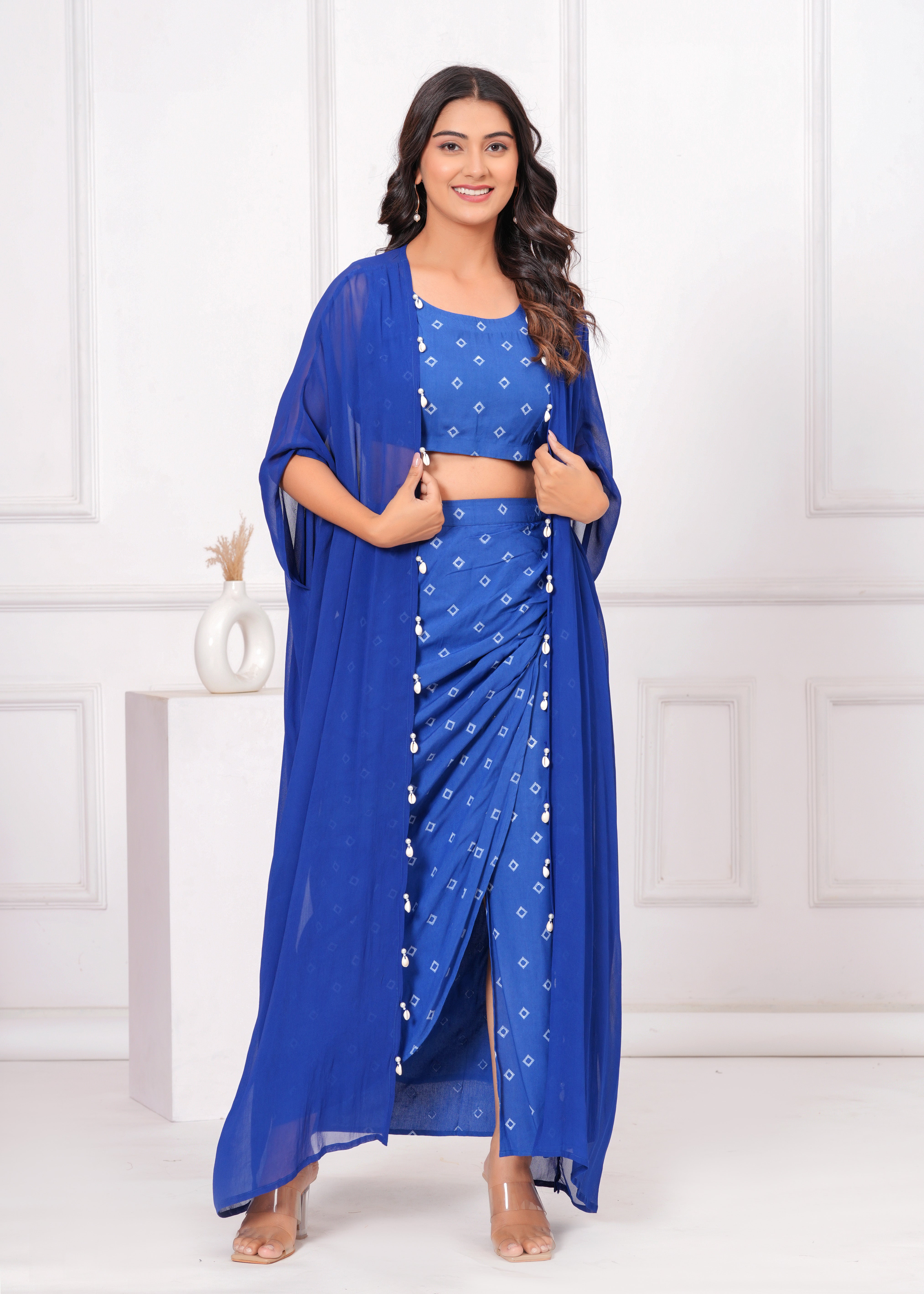 Qala Jaipur Royal Blue Bandhej Khari Print 3-Piece Co-ord Set (Crop Top, Wrap Skirt & Crepe Georgette Shrug)