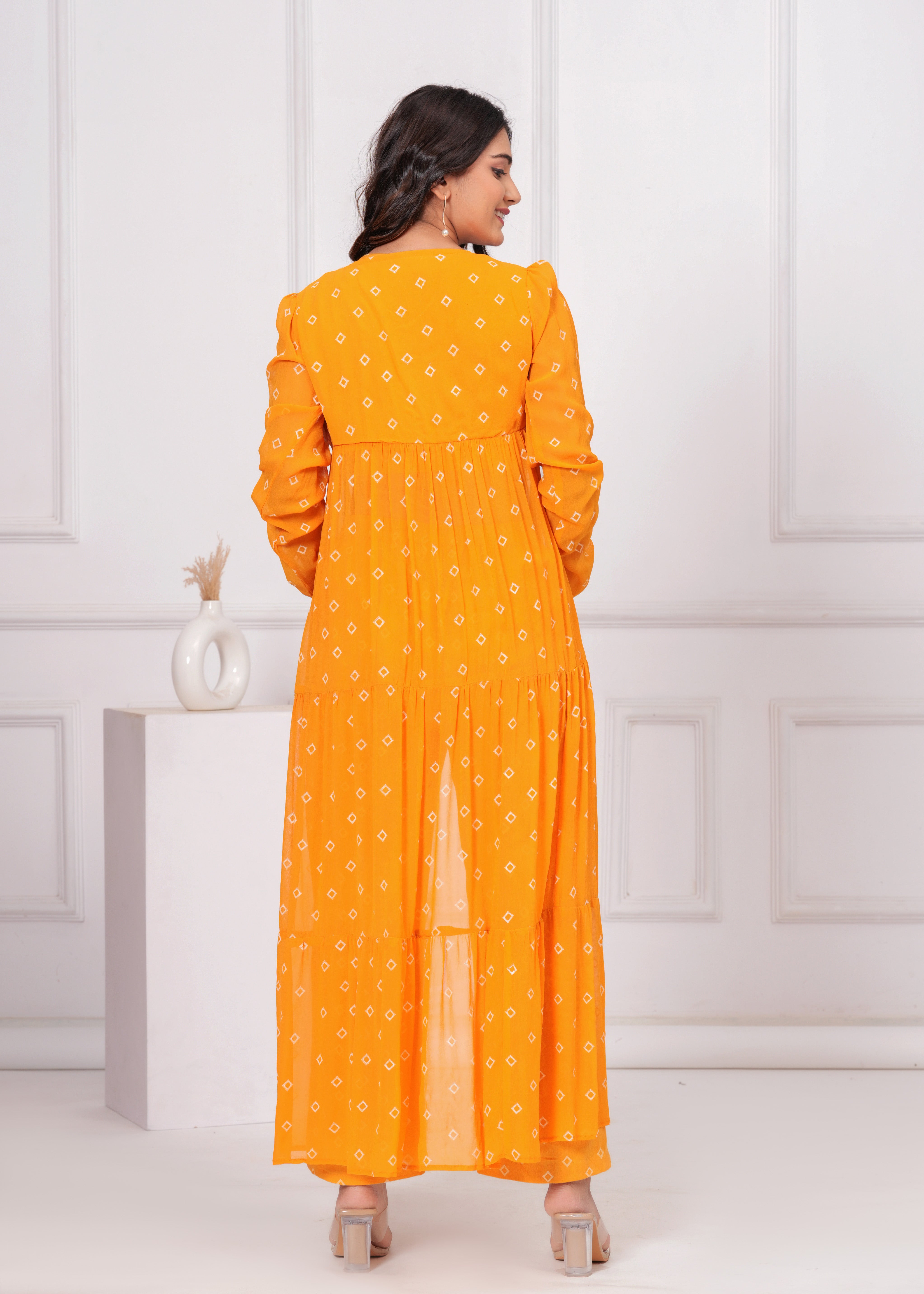 Qala Jaipur Mustard Bandhej Khari Print 3-Piece Co-ord Set (Crop Top, Pants & Tiered Crepe Georgette Shrug)