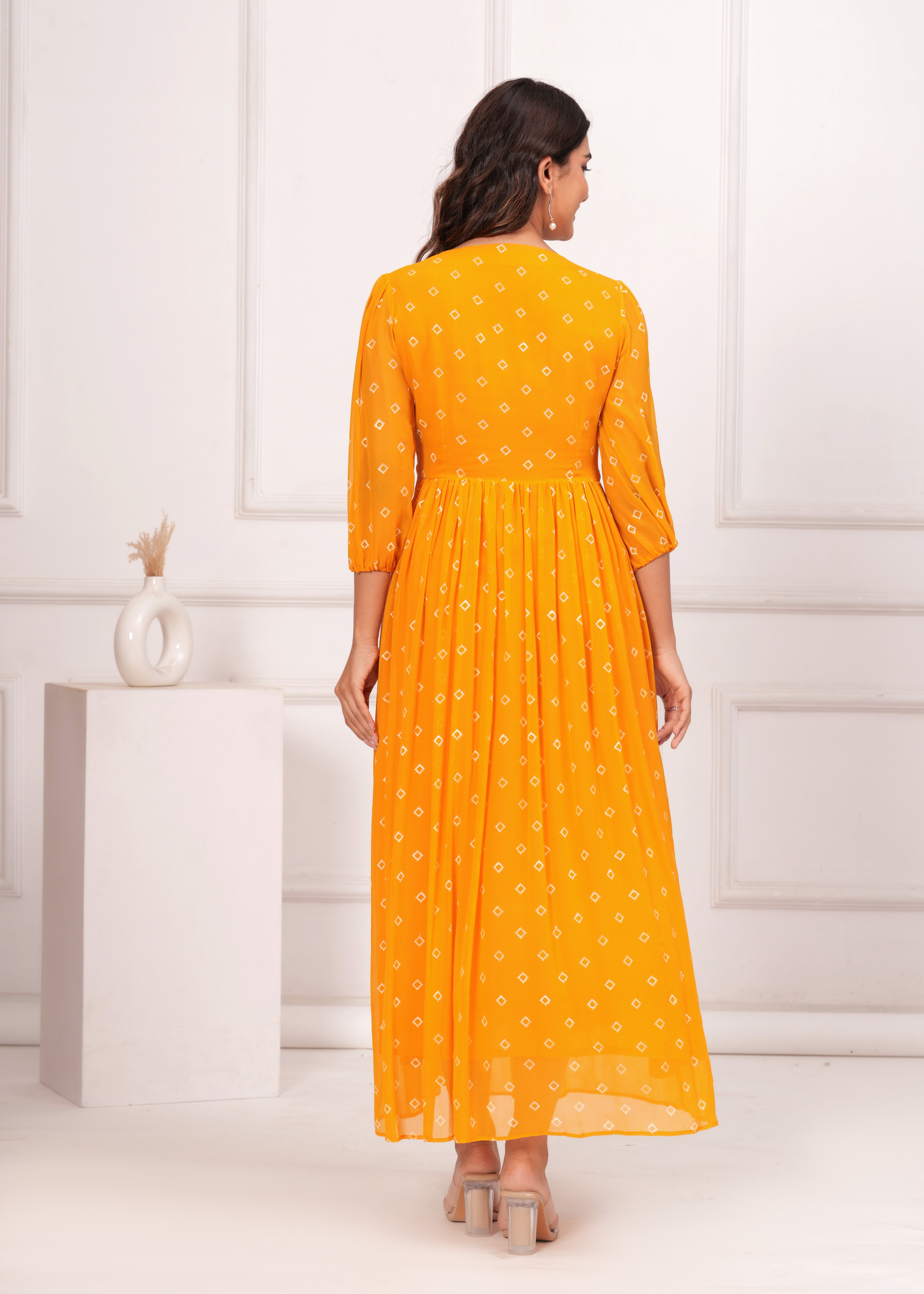 Qala Jaipur Mustard Bandhej Khari Print Crepe Georgette Tiered Maxi Dress