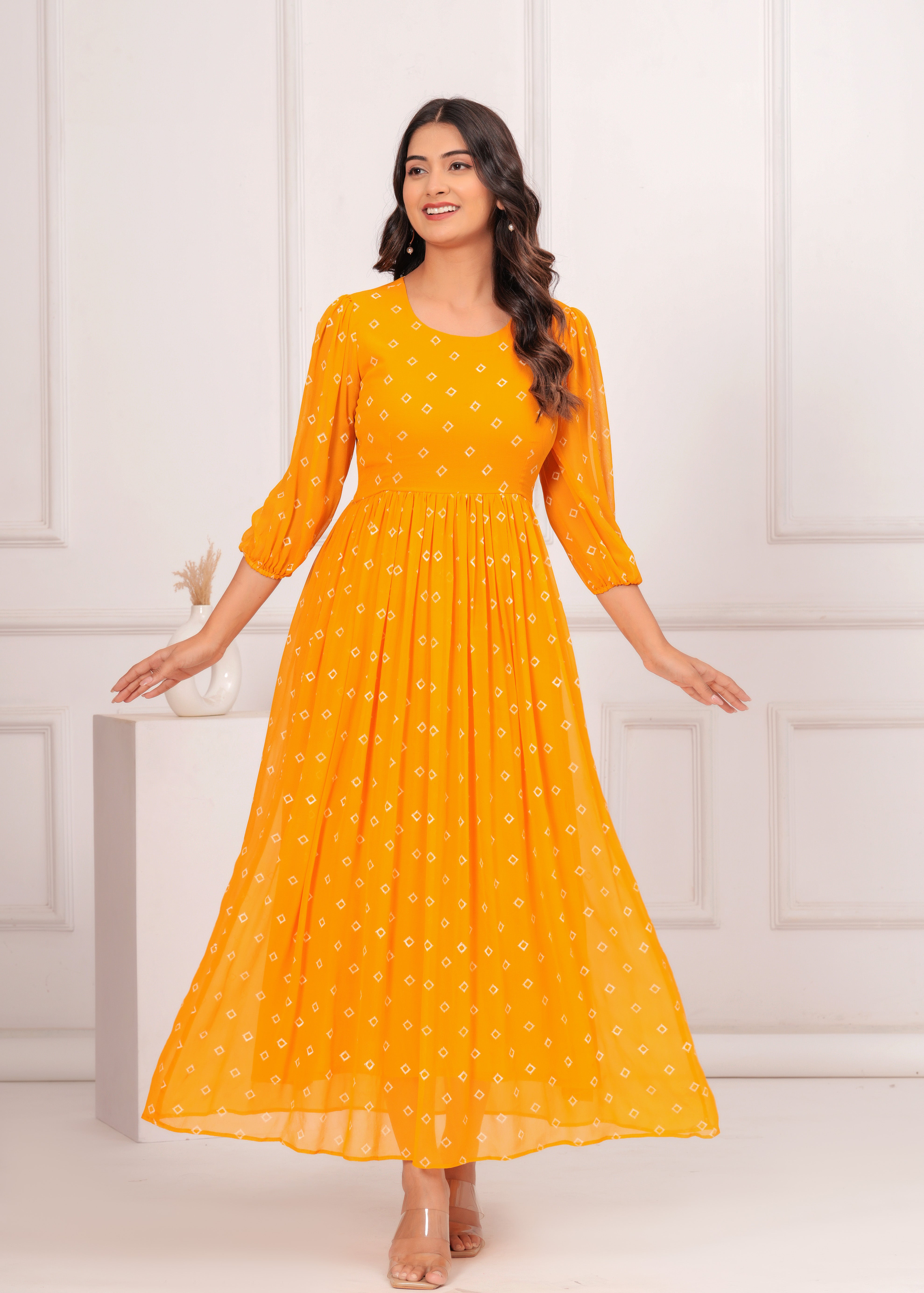 Qala Jaipur Mustard Bandhej Khari Print Crepe Georgette Tiered Maxi Dress