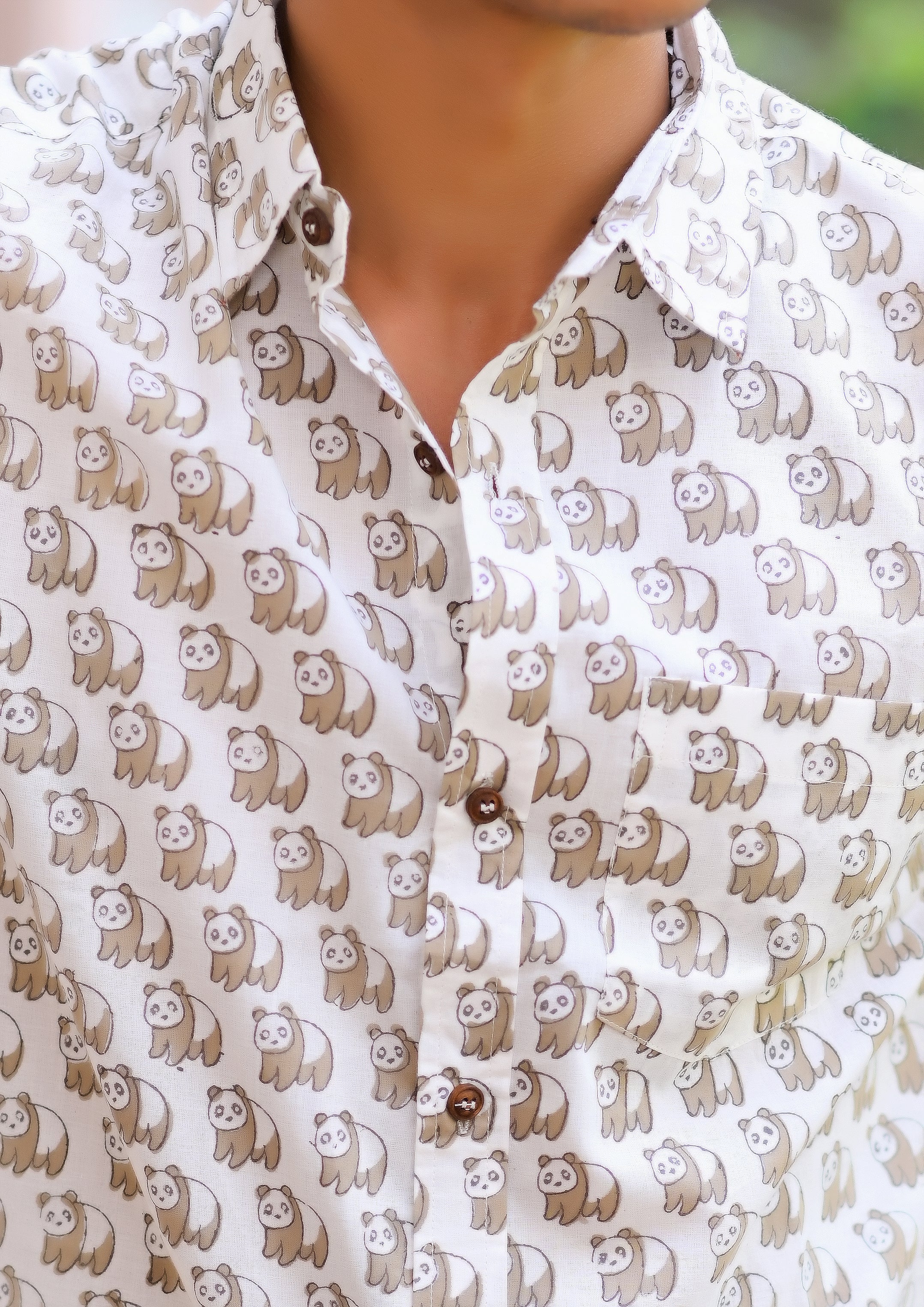 Qala Jaipur White Hand Block Print Bear Motif Shirt for Men | Jaipuri Hand-Block Cotton Shirt