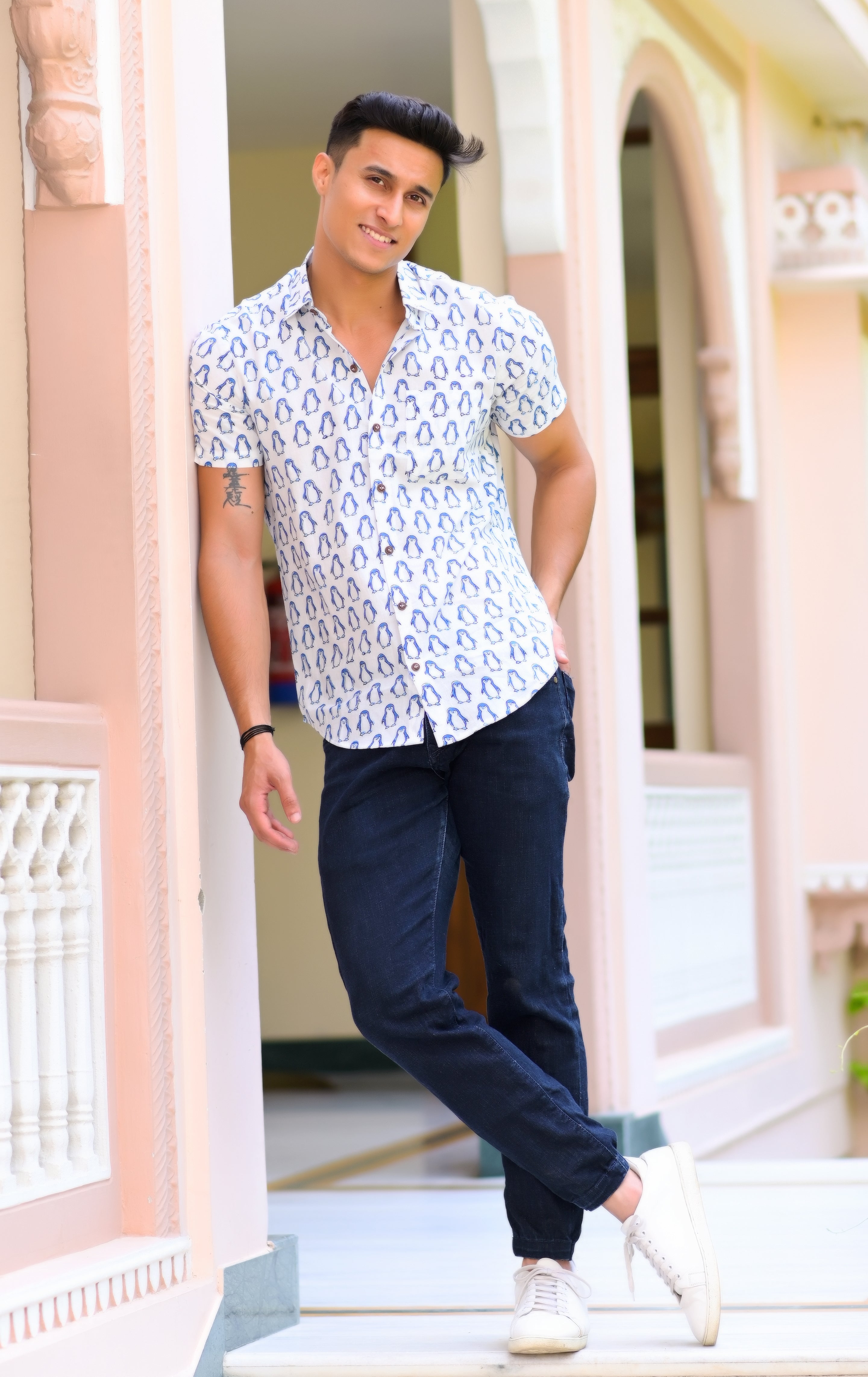 Qala Jaipur Blue Hand Block Print Penguin Motif Shirt for Men | Jaipuri Hand-Block Cotton Shirt