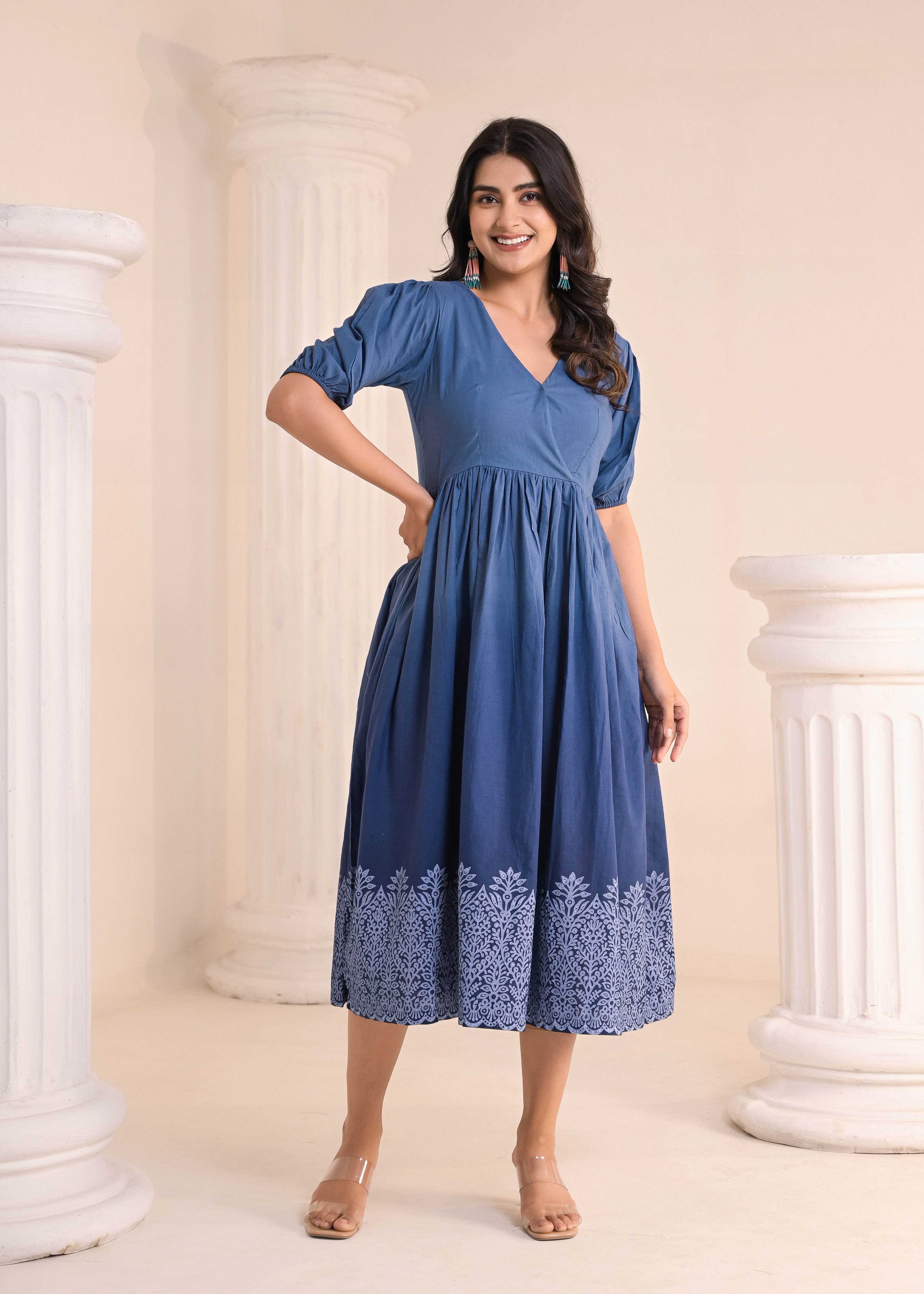 Qala Jaipur Steel Blue Ombre Hand-Block Printed Flutter Sleeve Midi Dress