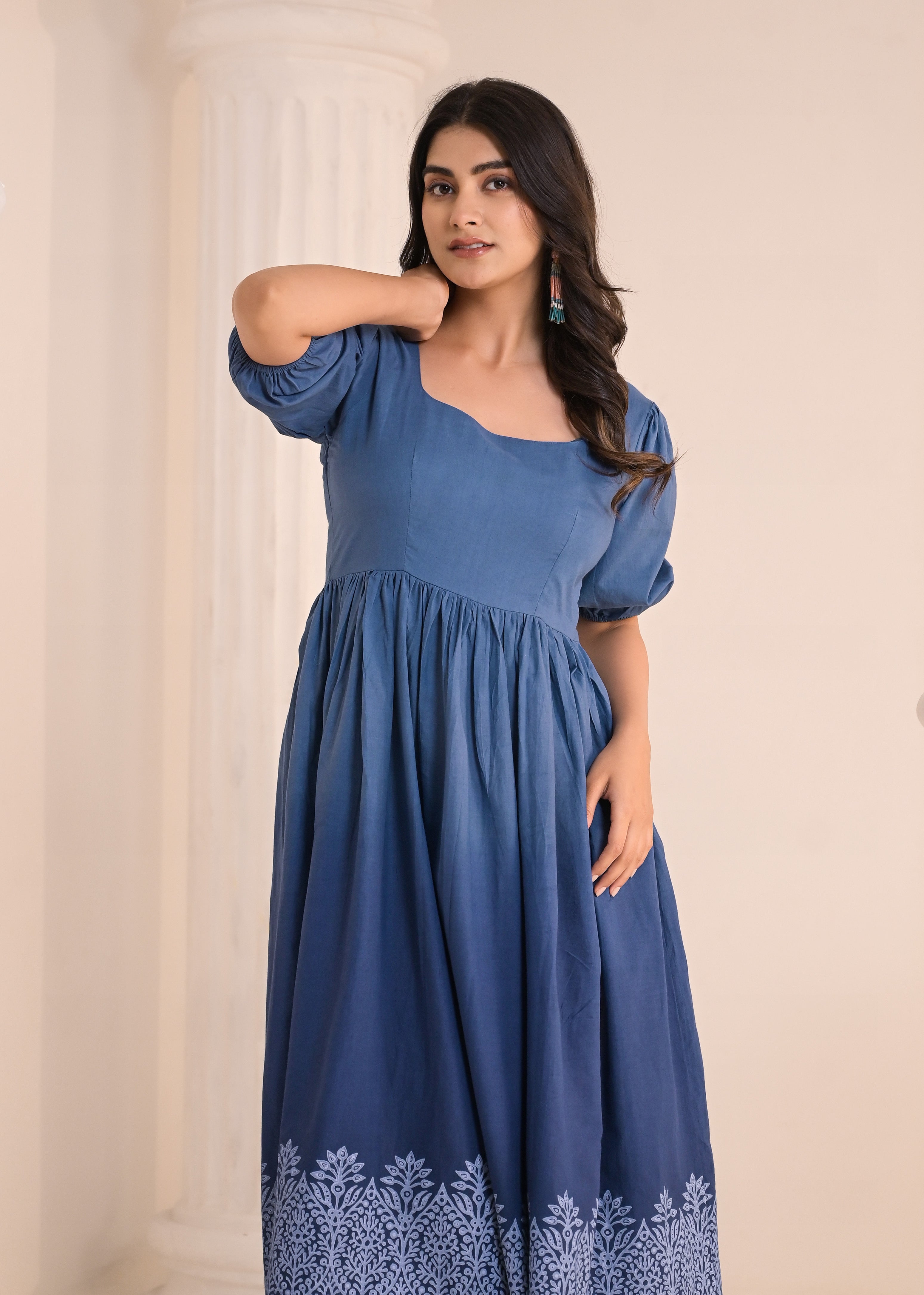 Qala Jaipur Steel Blue Ombre Hand-Block Printed Square Neck Puff Sleeve Midi Dress