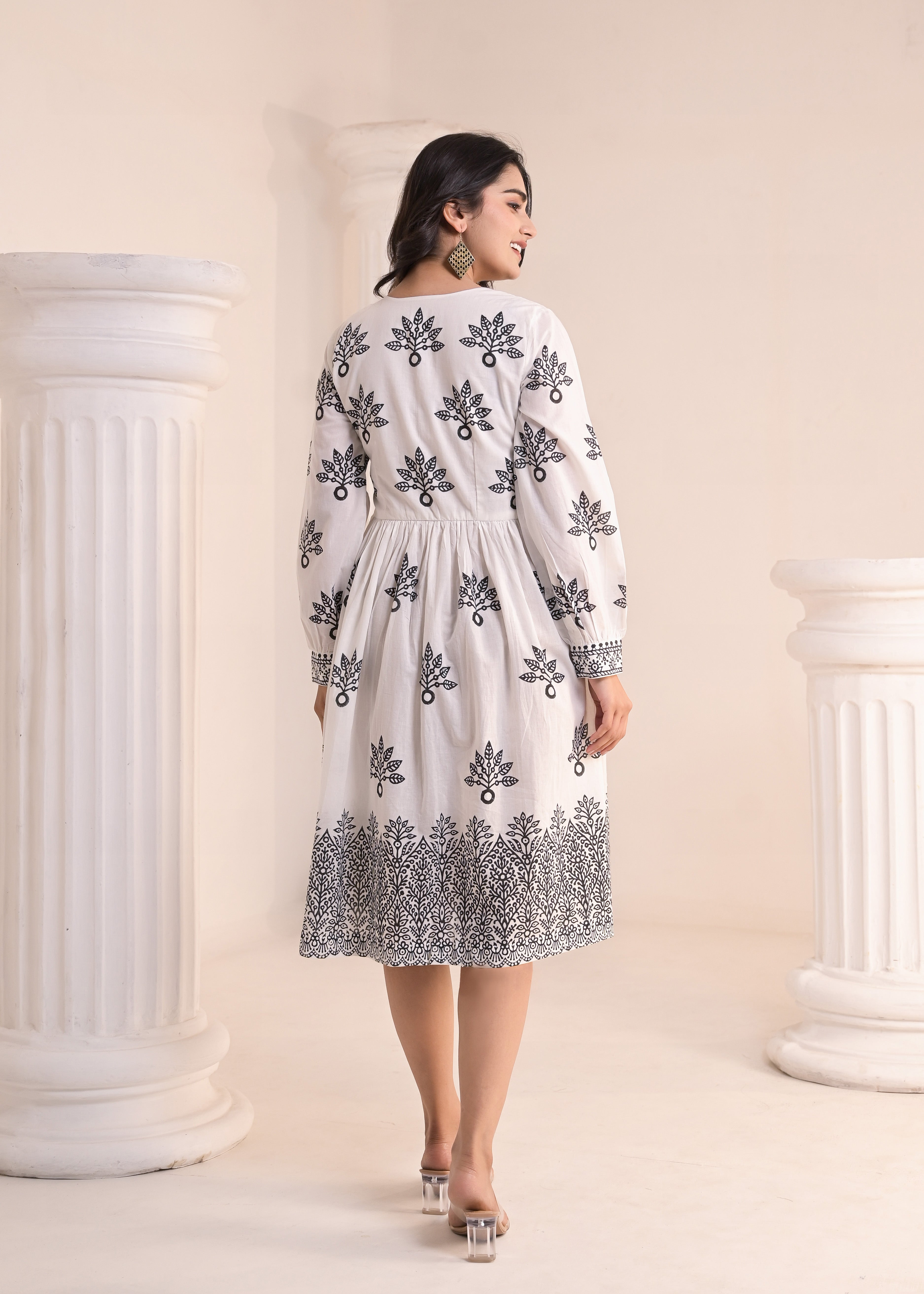 Qala Jaipur White Hand-Block Print Puff Sleeve Cotton Midi Dress