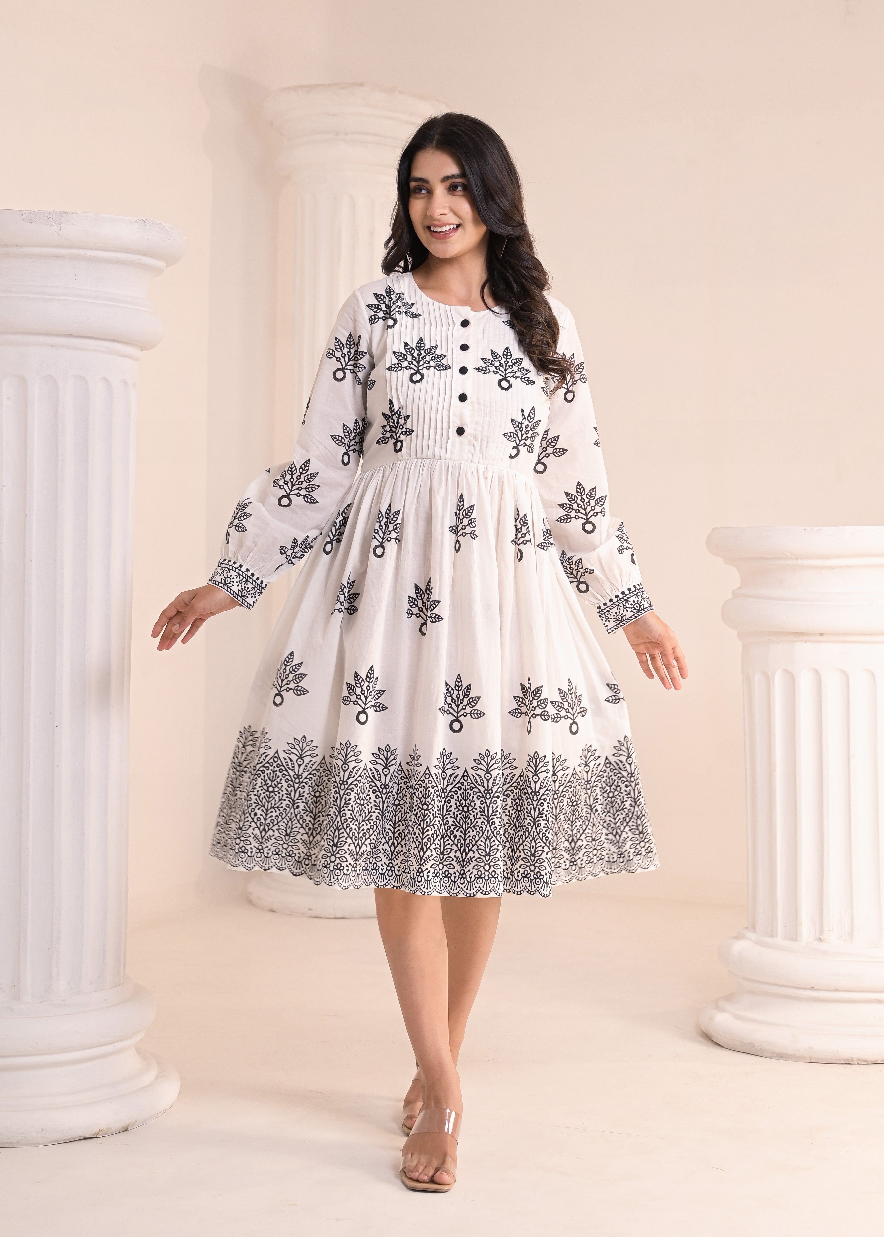Qala Jaipur White Hand-Block Print Puff Sleeve Cotton Midi Dress