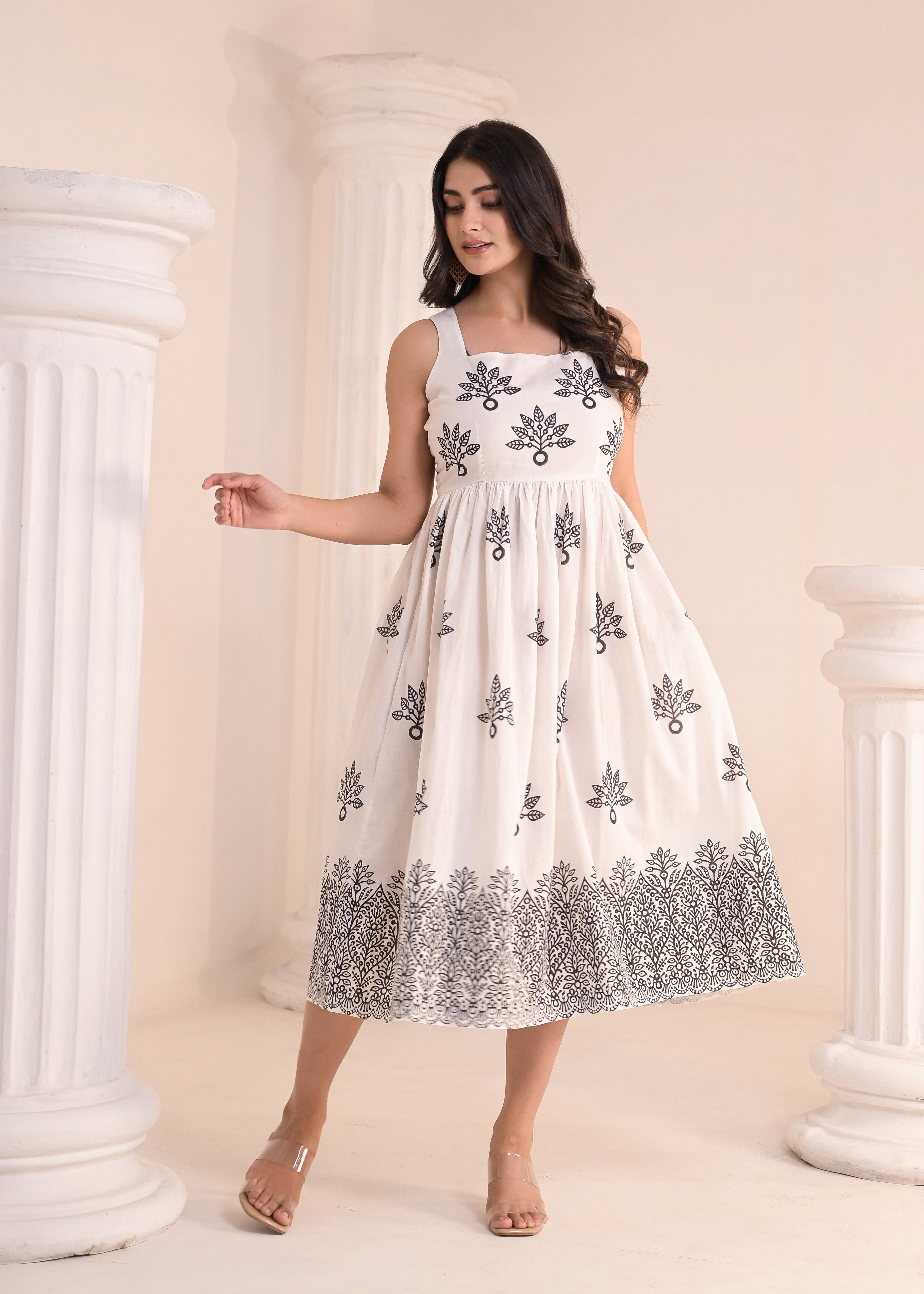 Qala Jaipur White & Black Hand-Block Printed Sleeveless Midi Dress