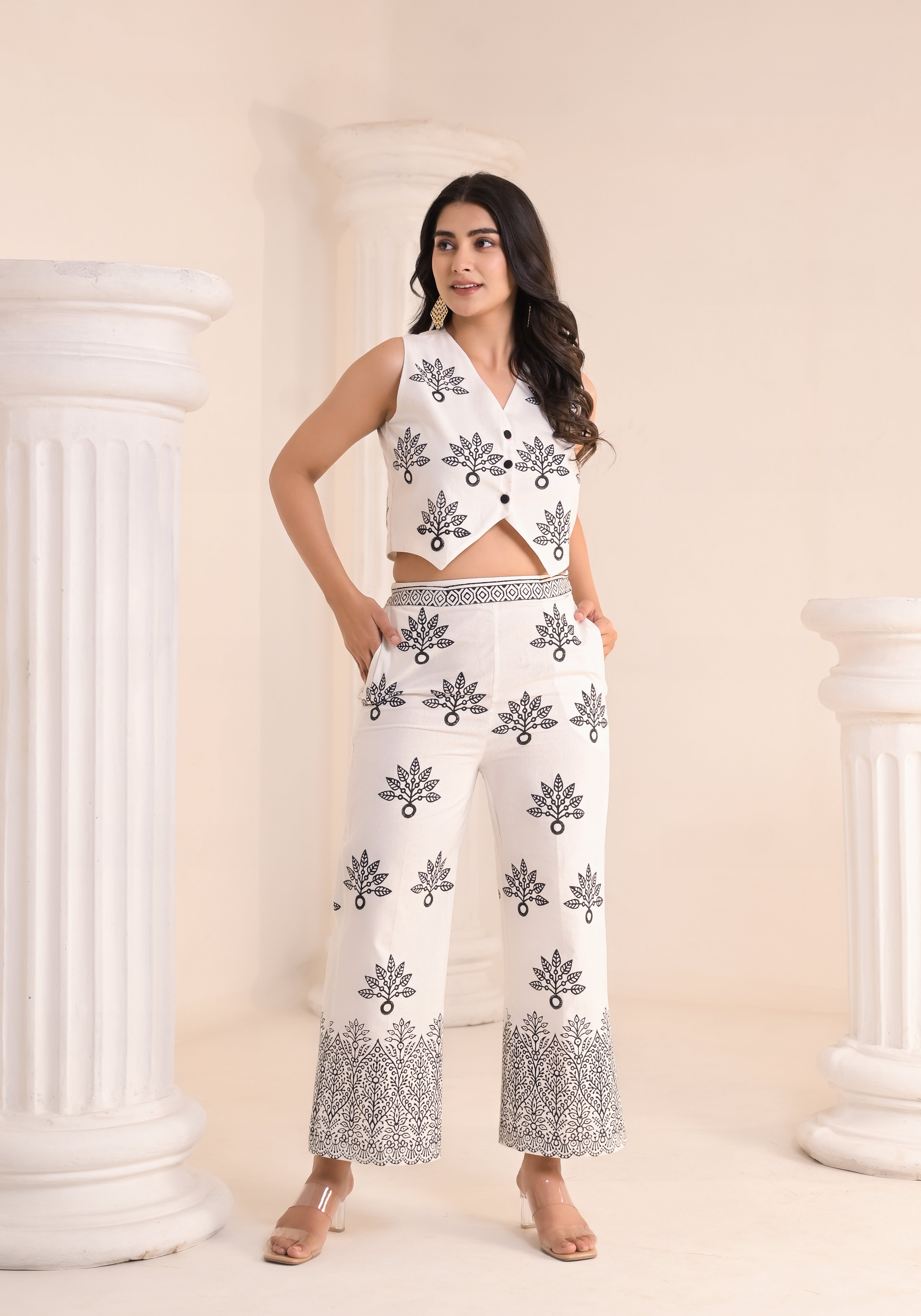 Qala Jaipur ivory hand-block print waistcoat crop top and straight-fit pants co-ord set for women - front view