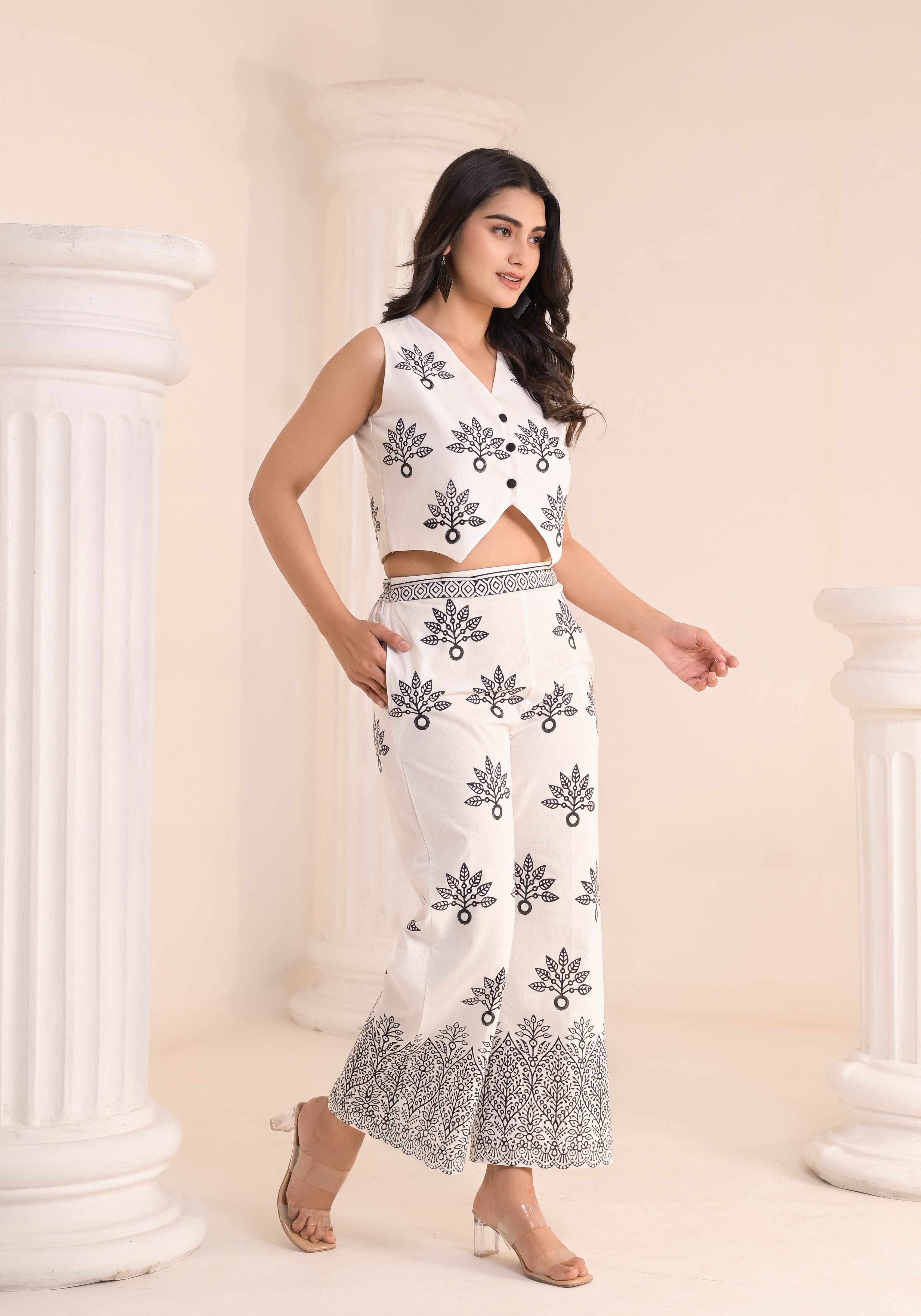 Qala Jaipur ivory hand-block print waistcoat crop top and straight-fit pants co-ord set for women - side walking view
