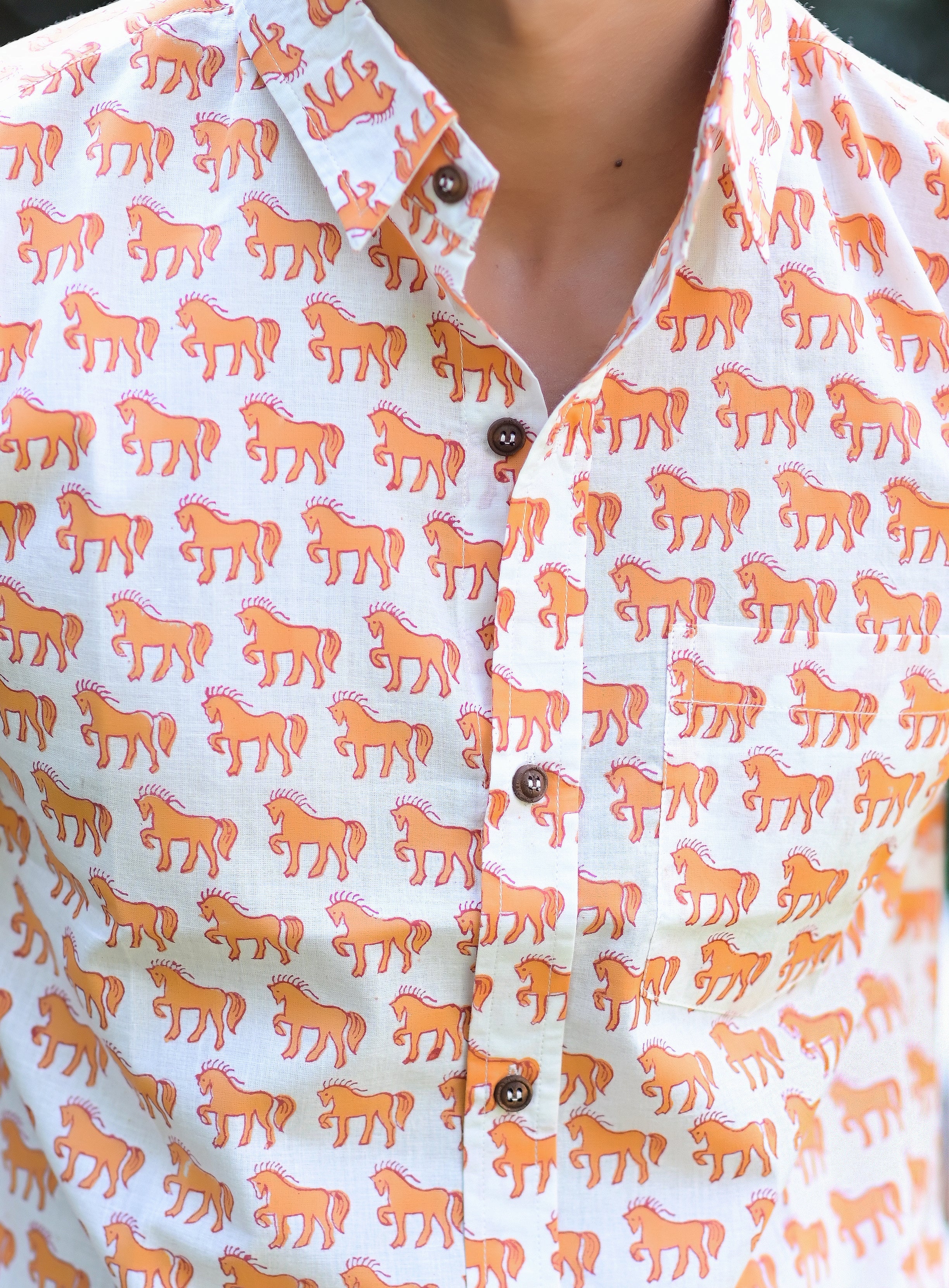 Qala Jaipur White Hand Block Print Horse Motif Shirt for Men | Jaipuri Hand-Block Cotton Shirt