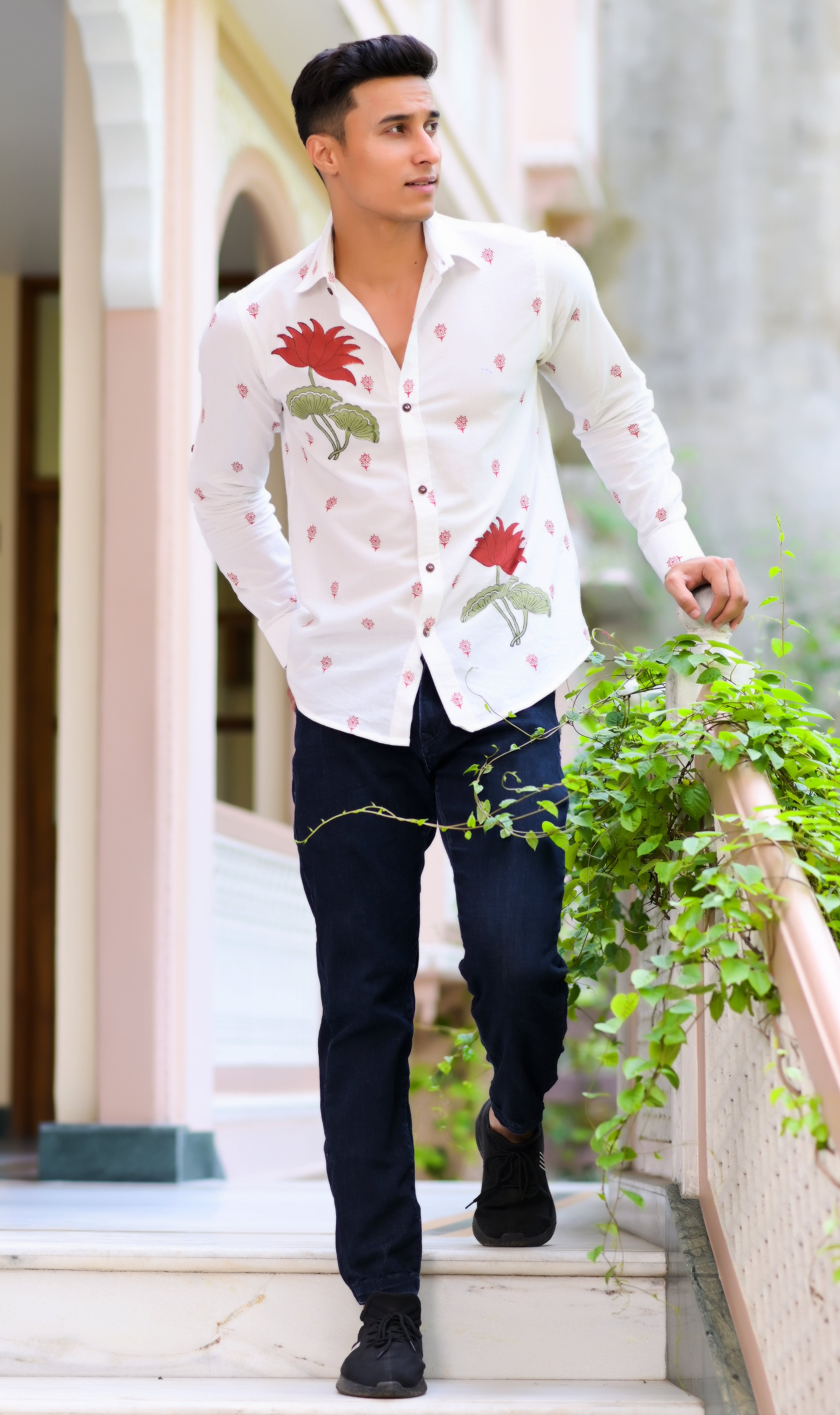 Qala Jaipur White Hand Block Print Floral Shirt for Men | Jaipuri Hand-Block Cotton Shirt