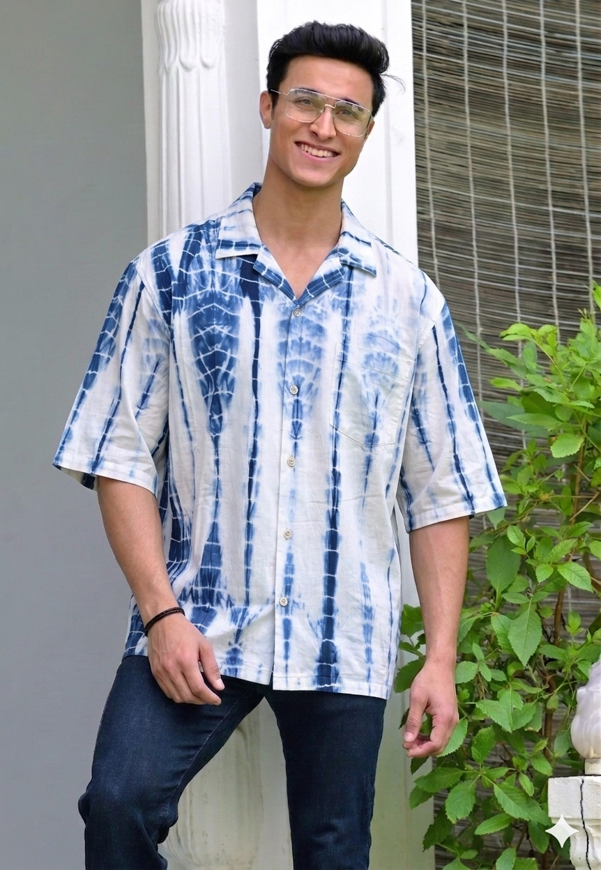 Qala Jaipur Blue Tie-Dye Cotton Resort Shirt for Men | Rajasthani Hand-Dyed Shibori Shirt