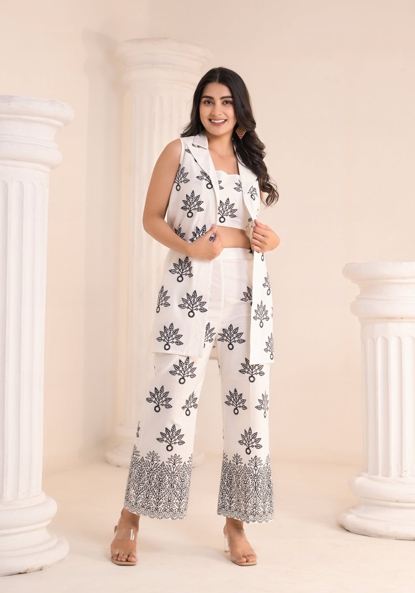 Art of Block - White & Black Block Print 3 - Piece Co - ord Set - Qala Jaipur