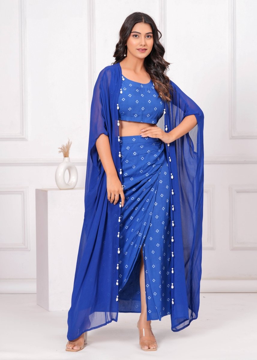 Blue Block Print Co - Ord Set with Sheer Overlay - My Trend Fusion Collection - Qala Jaipur