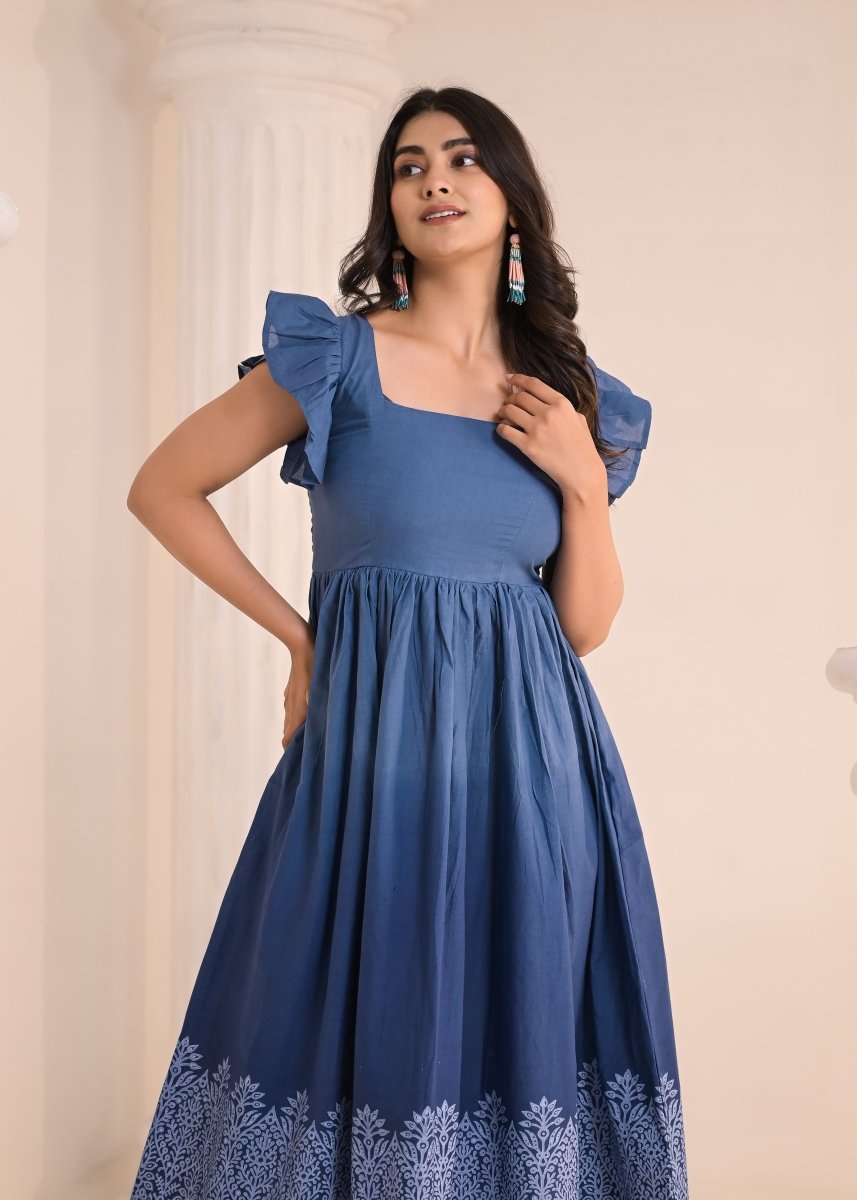 Ombre Block Diaries - Indigo Blue Puff Sleeve Midi Dress - Qala Jaipur