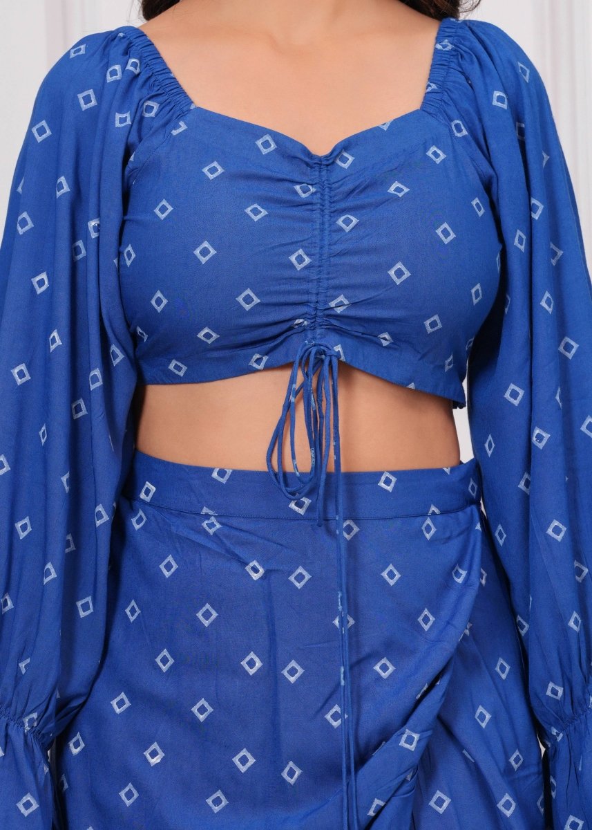 Blue Block Print Co - Ord Set with Sheer Overlay - My Trend Fusion Collection - Qala Jaipur