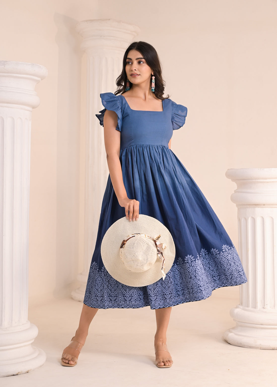 Qala Jaipur steel blue ombre hand-block printed flutter sleeve midi dress