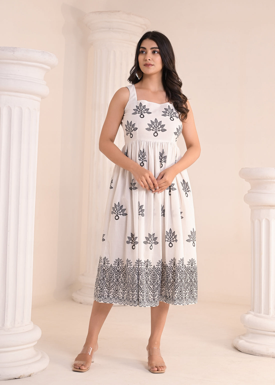 Qala Jaipur hand-block printed sleeveless midi dress in cotton