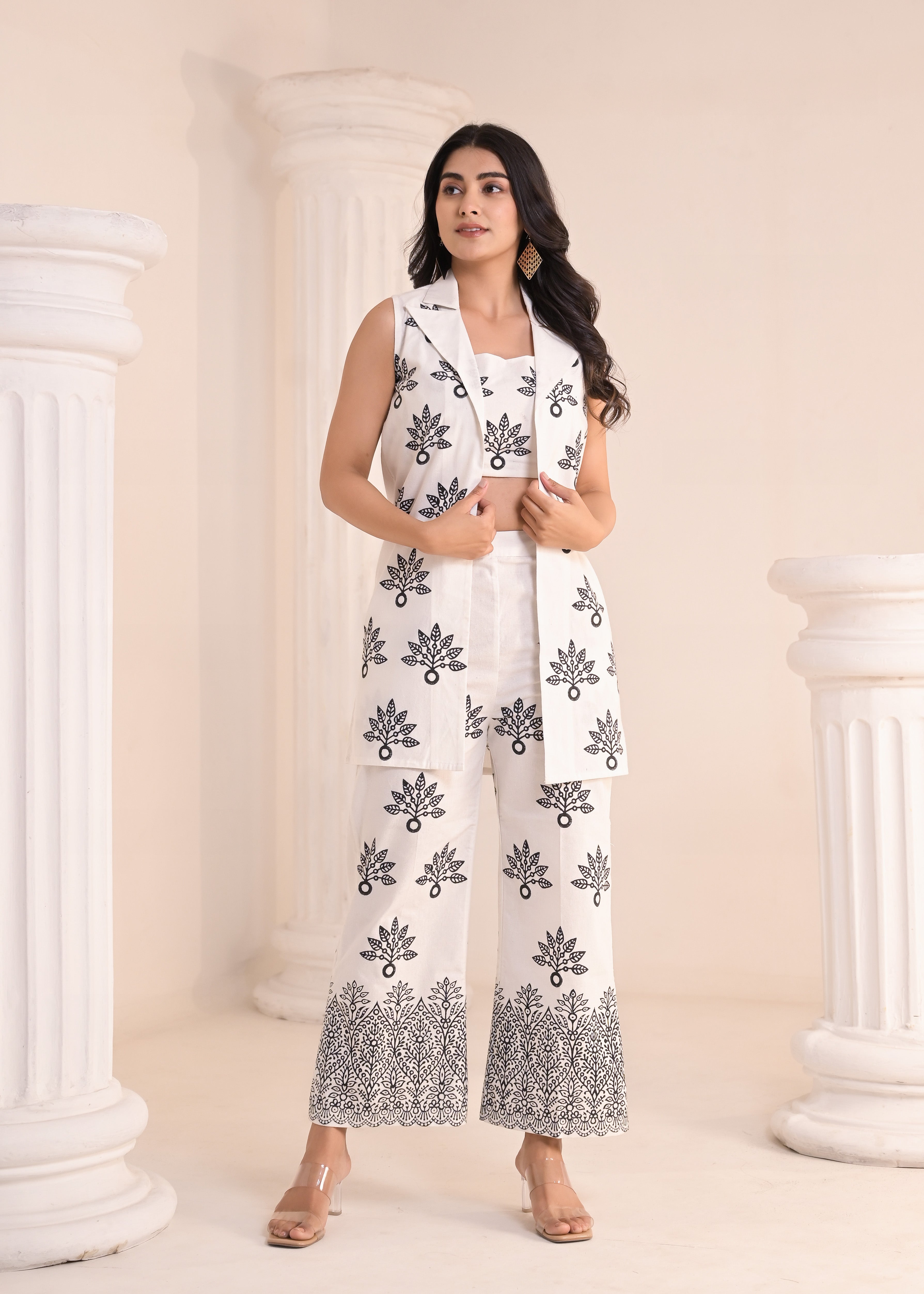 Qala Jaipur white and black hand-block printed 3-piece co-ord set