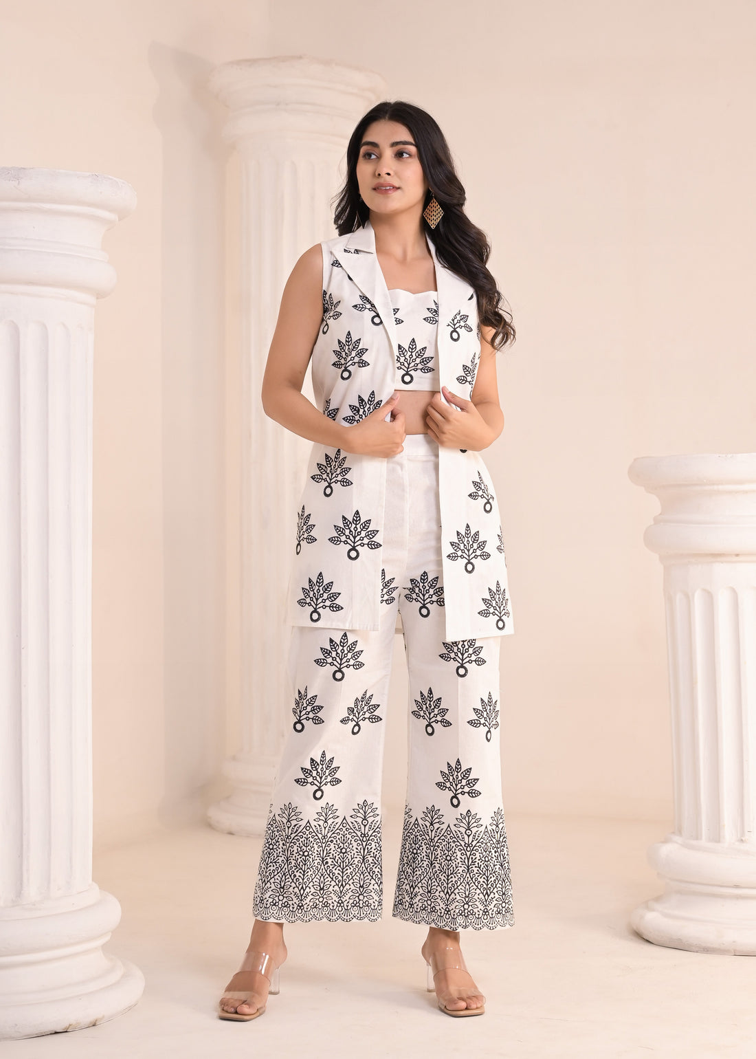Qala Jaipur white and black hand-block printed 3-piece co-ord set