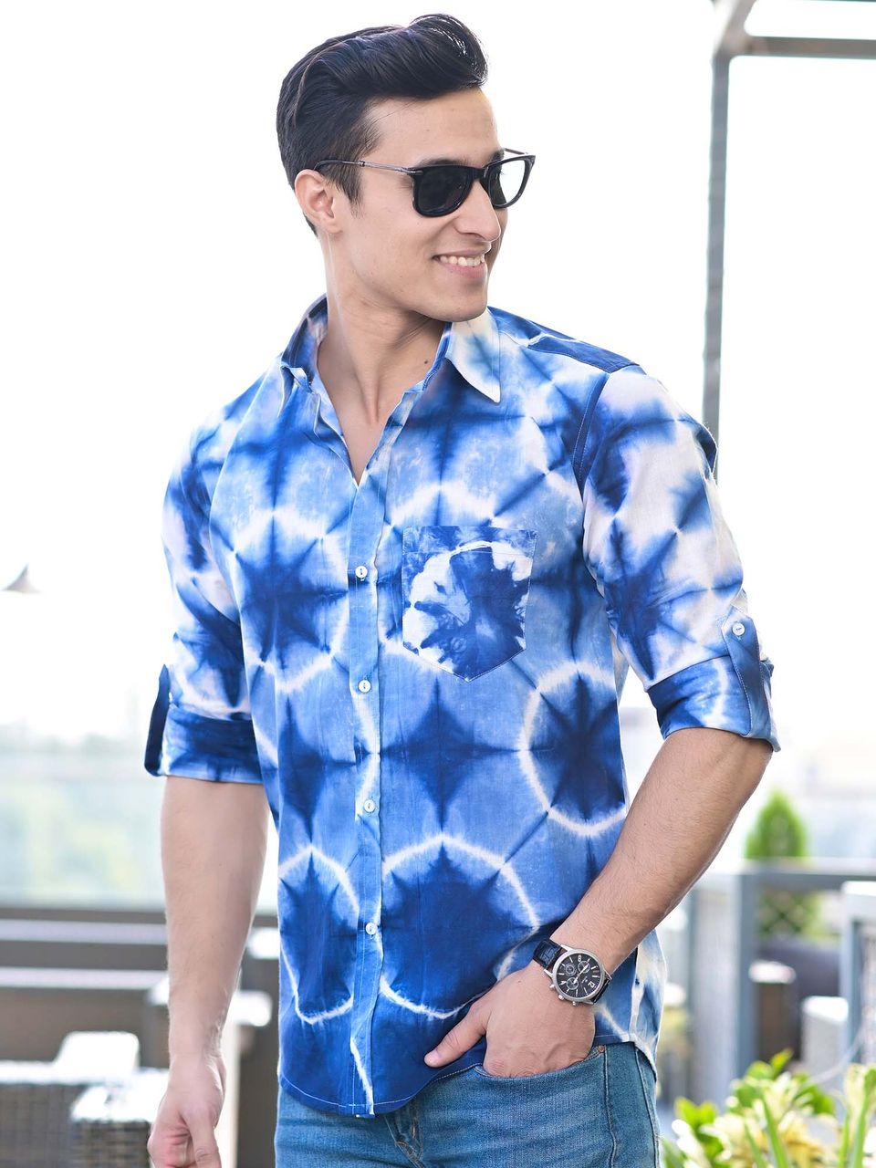 Qala Jaipur Light Blue Tie-Dye Cotton Shirt for Men | Rajasthani Hand-Dyed Shibori Shirt