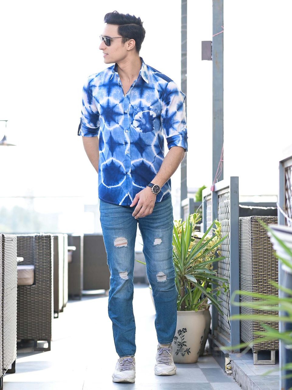 Qala Jaipur Light Blue Tie-Dye Cotton Shirt for Men | Rajasthani Hand-Dyed Shibori Shirt