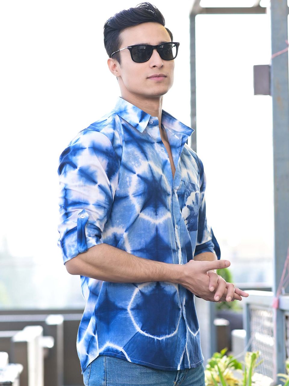 Qala Jaipur Light Blue Tie-Dye Cotton Shirt for Men | Rajasthani Hand-Dyed Shibori Shirt