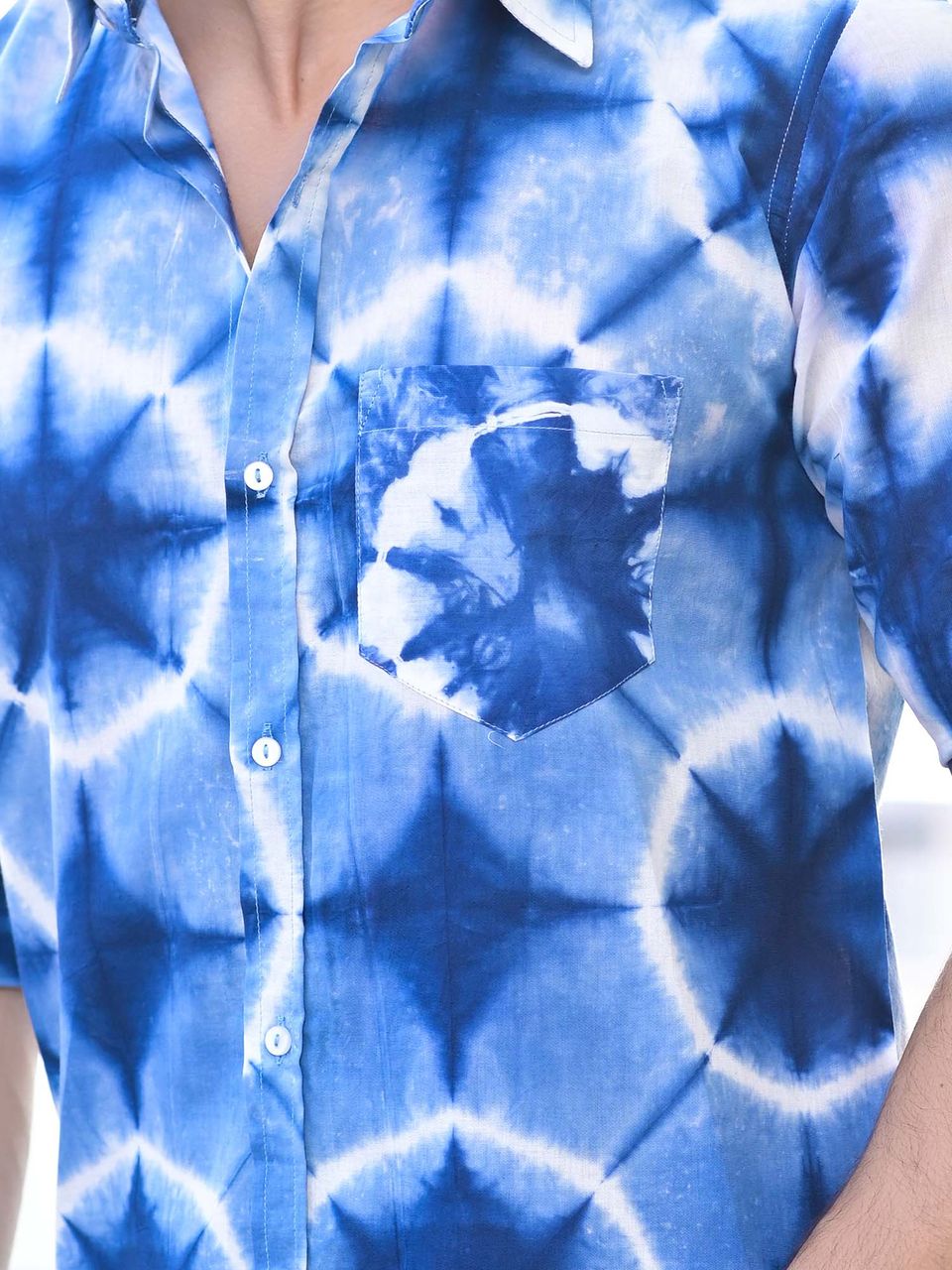 Qala Jaipur Light Blue Tie-Dye Cotton Shirt for Men | Rajasthani Hand-Dyed Shibori Shirt