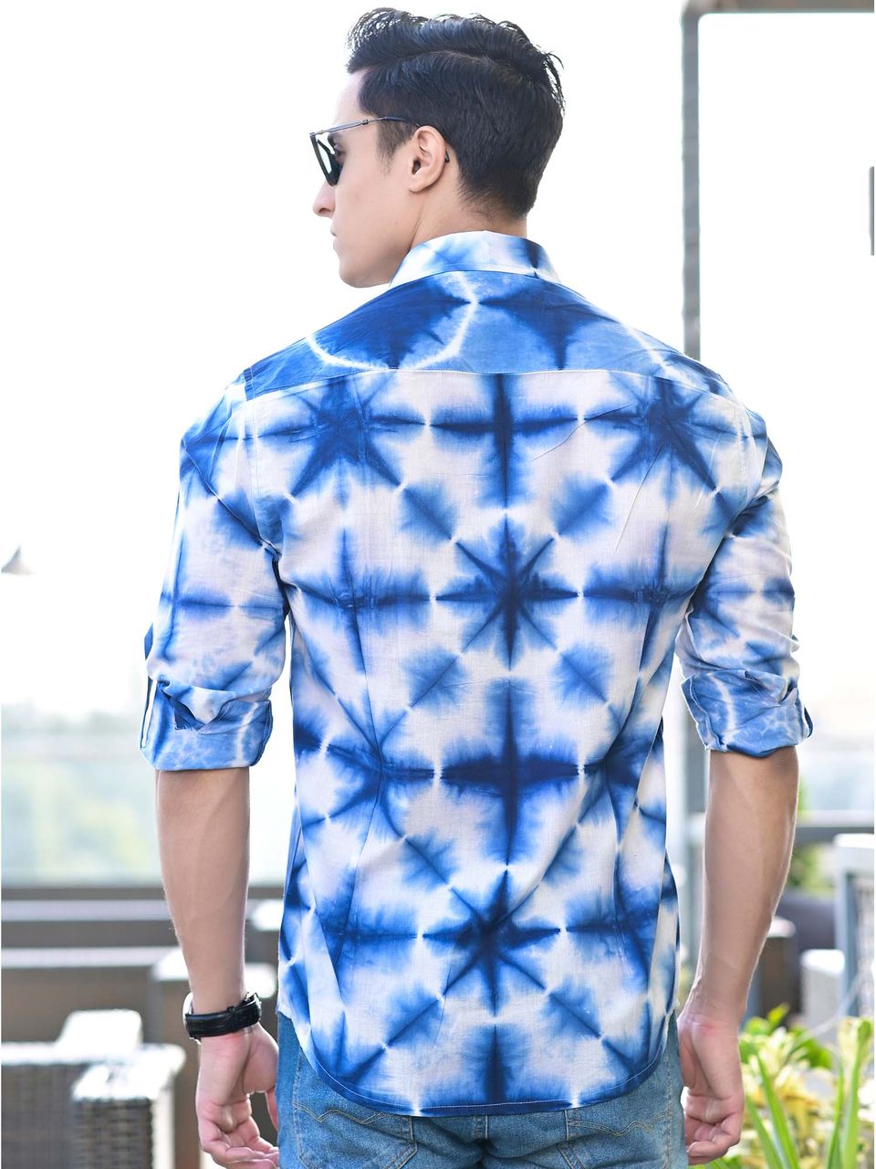 Qala Jaipur Light Blue Tie-Dye Cotton Shirt for Men | Rajasthani Hand-Dyed Shibori Shirt