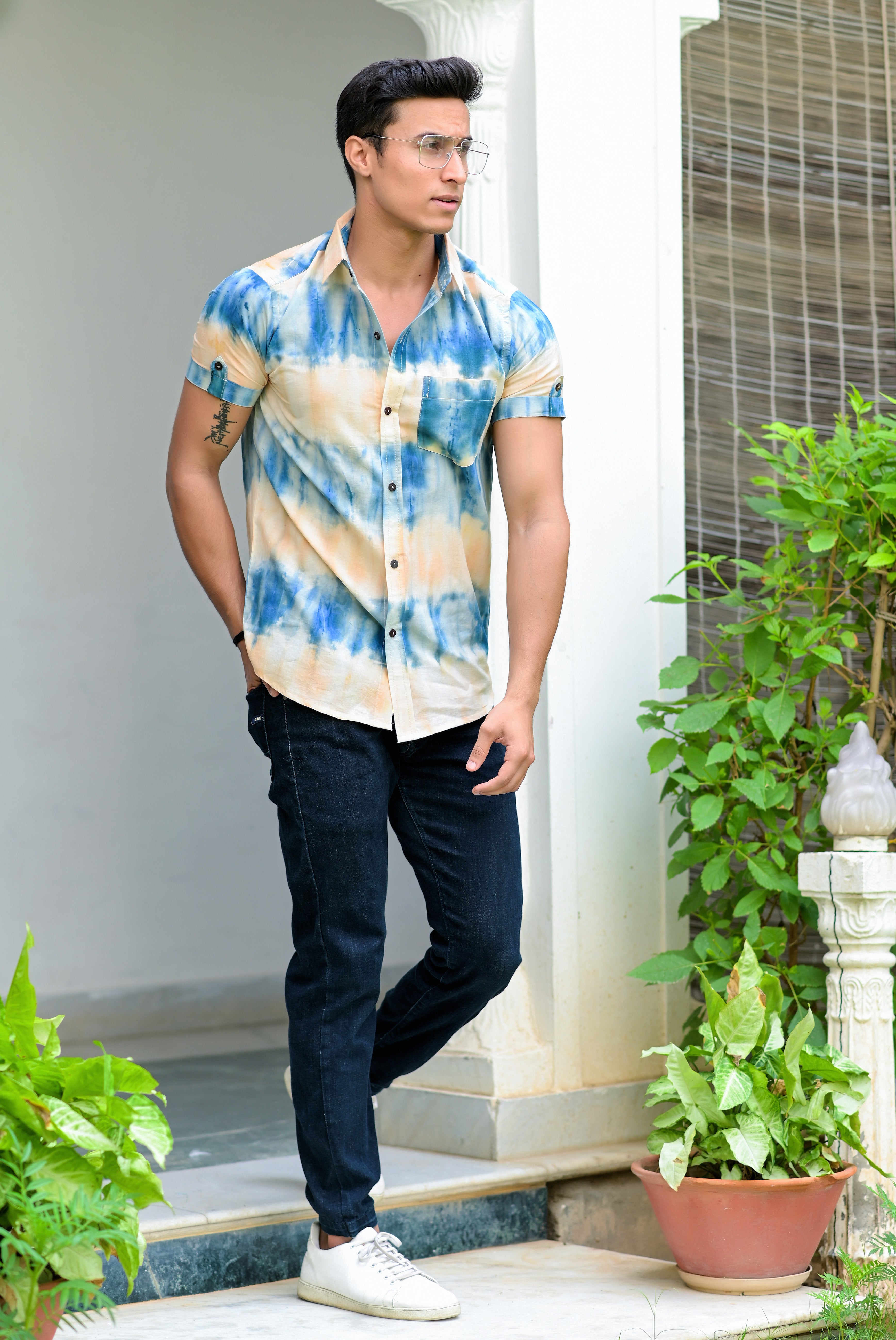 Qala Jaipur Blue & Beige Tie-Dye Cotton Shirt for Men | Rajasthani Hand-Dyed Shibori Shirt