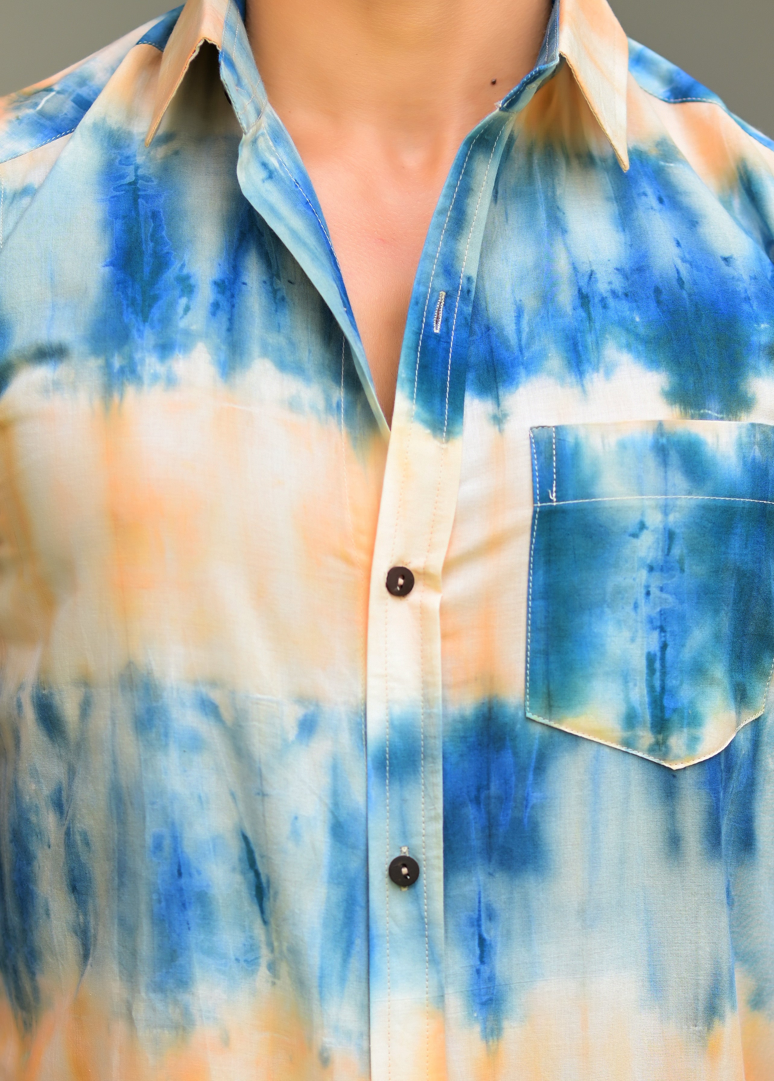 Qala Jaipur Blue & Beige Tie-Dye Cotton Shirt for Men | Rajasthani Hand-Dyed Shibori Shirt