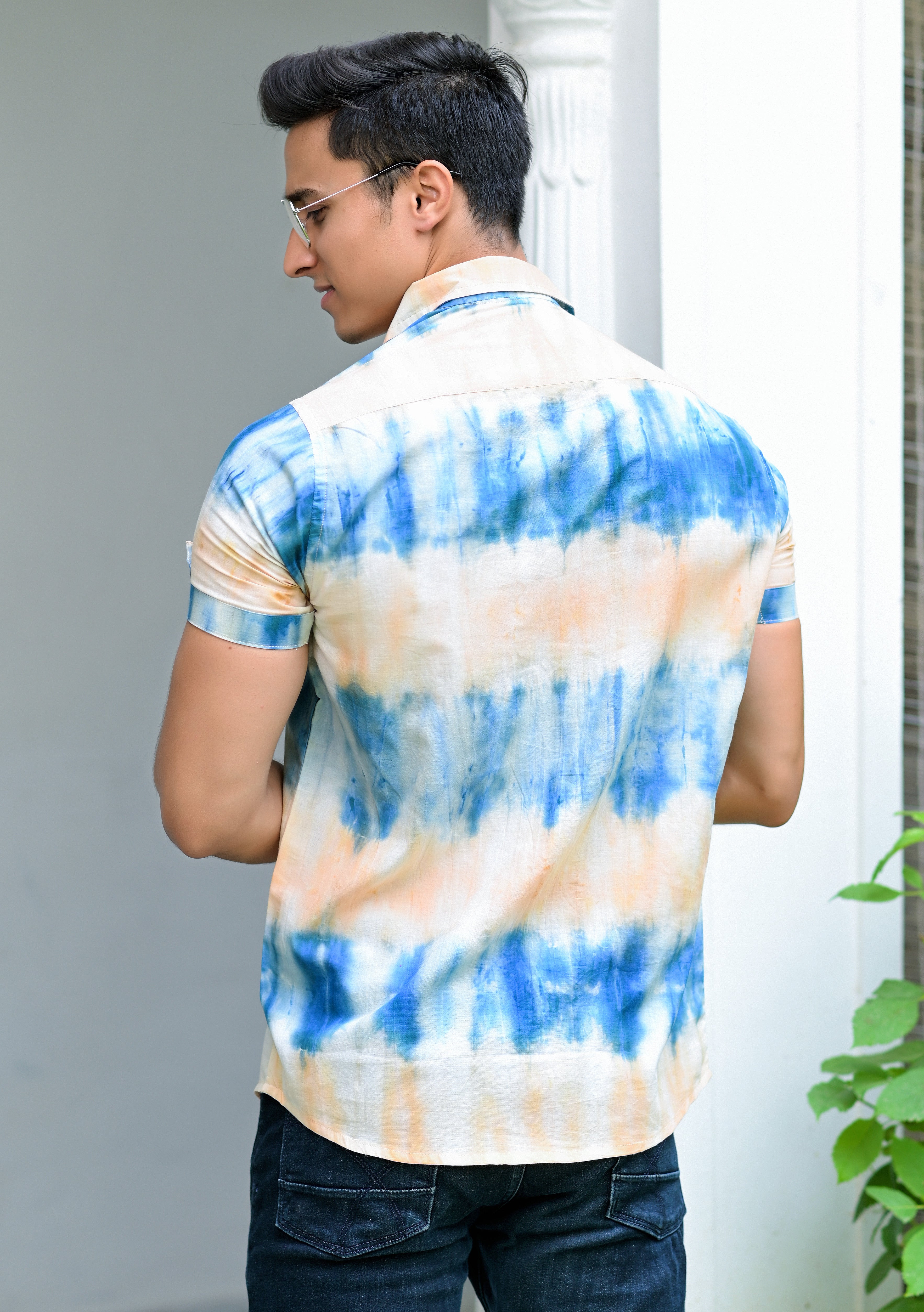 Qala Jaipur Blue & Beige Tie-Dye Cotton Shirt for Men | Rajasthani Hand-Dyed Shibori Shirt