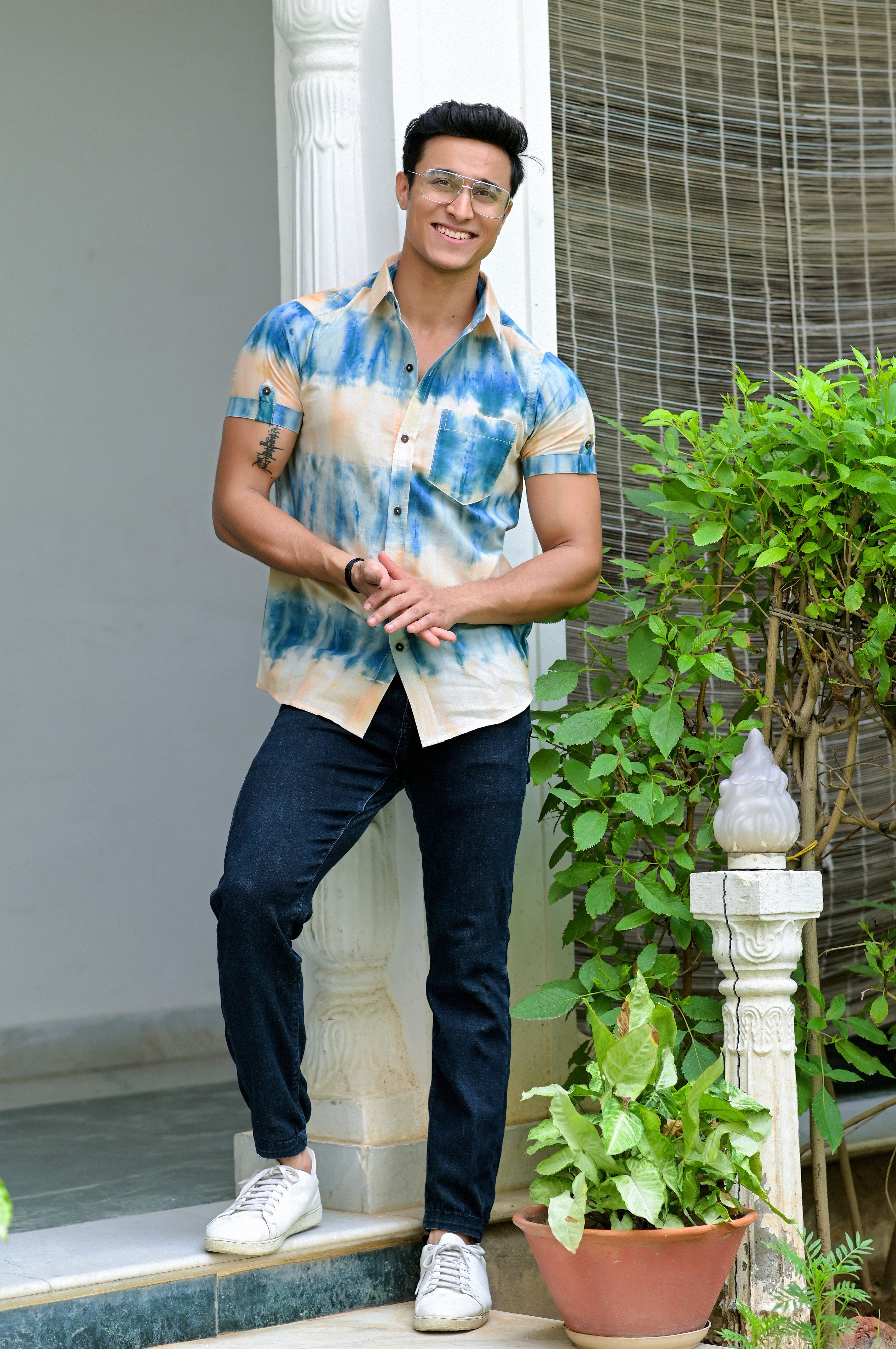 Qala Jaipur Blue & Beige Tie-Dye Cotton Shirt for Men | Rajasthani Hand-Dyed Shibori Shirt