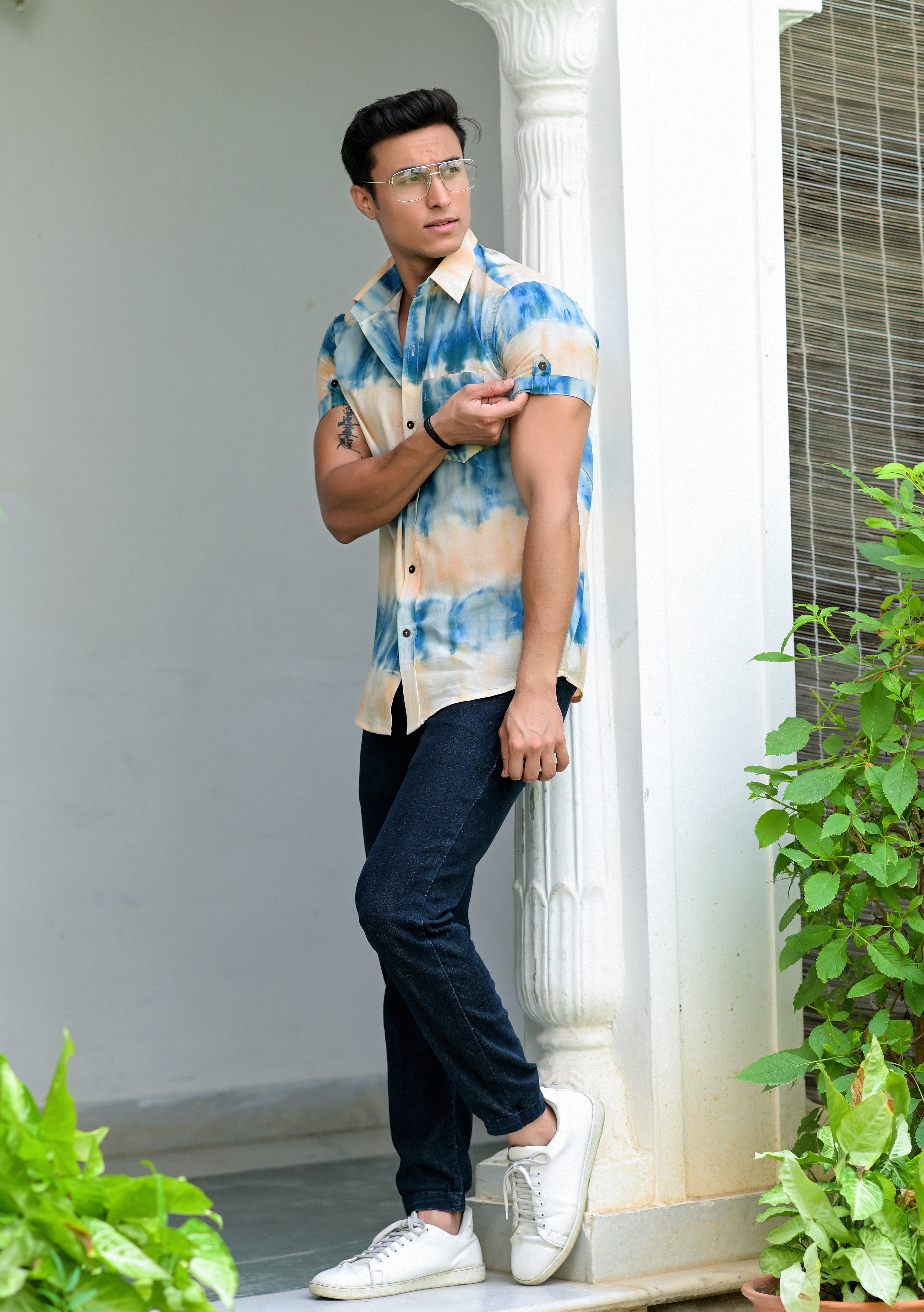 Qala Jaipur Blue & Beige Tie-Dye Cotton Shirt for Men | Rajasthani Hand-Dyed Shibori Shirt