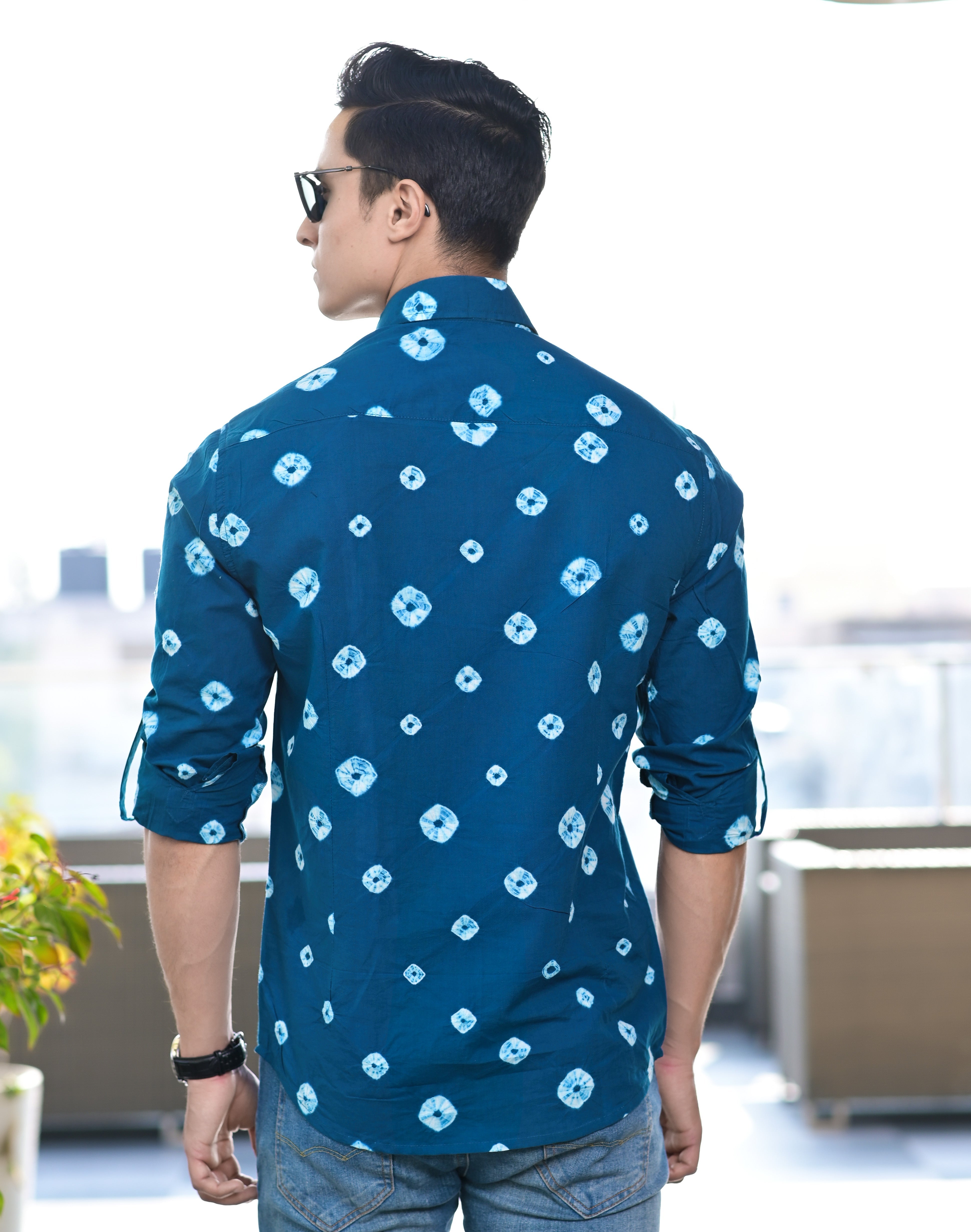 Qala Jaipur Dark Blue Bandhani Tie-Dye Cotton Shirt for Men | Rajasthani Hand-Dyed Bandhani Shirt