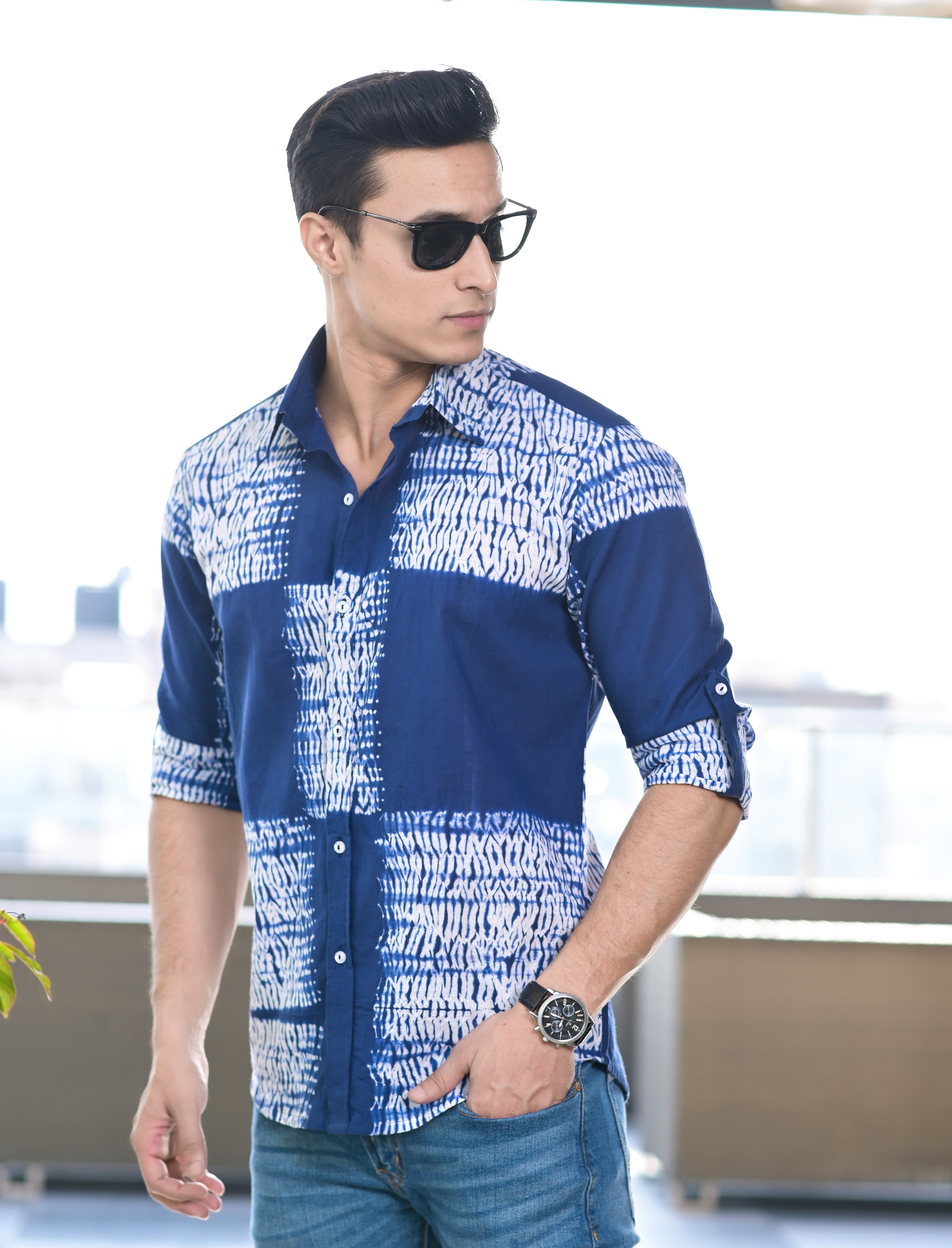 Qala Jaipur Blue Tie-Dye Cotton Shirt for Men | Rajasthani Hand-Dyed Shibori Shirt