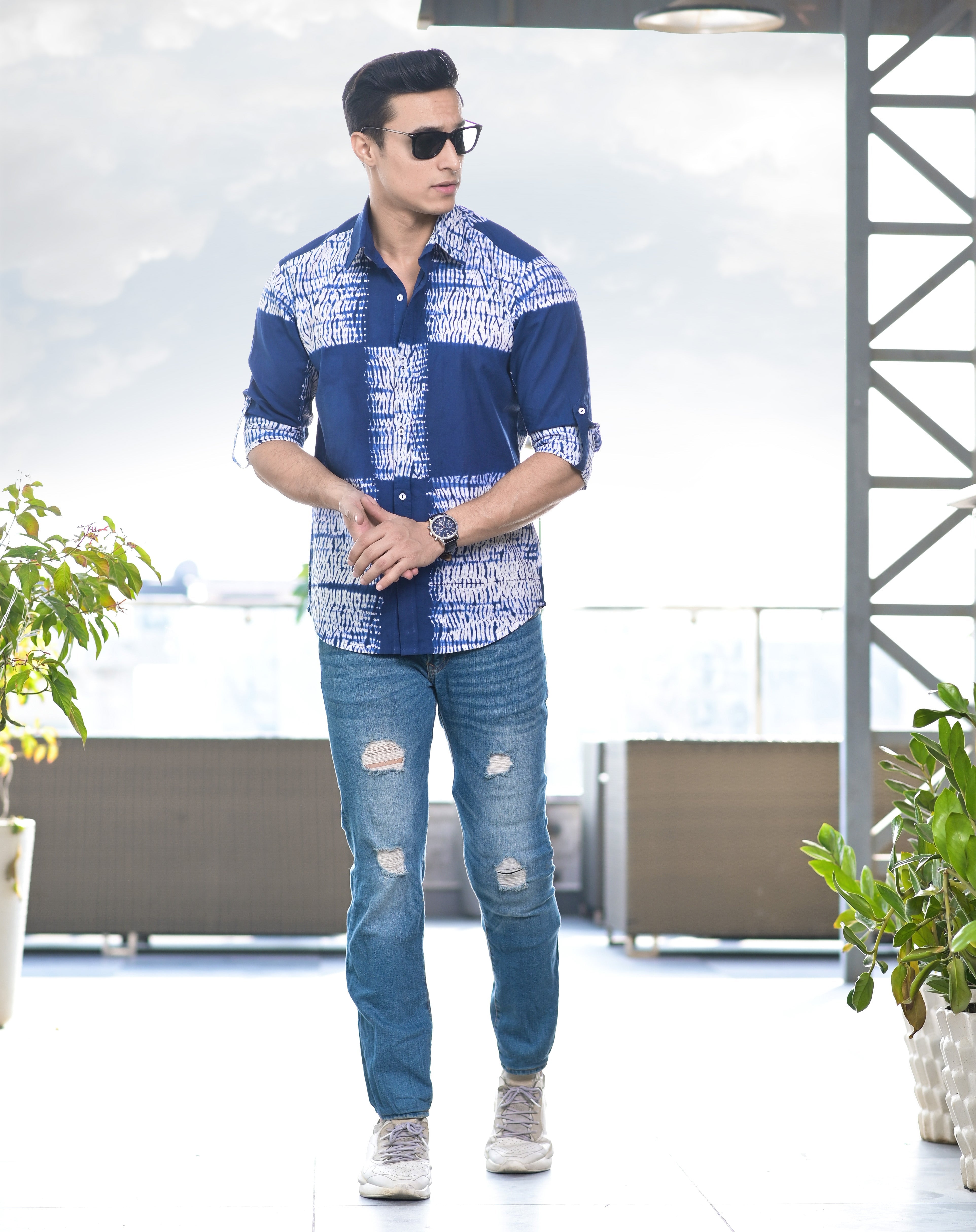 Qala Jaipur Blue Tie-Dye Cotton Shirt for Men | Rajasthani Hand-Dyed Shibori Shirt
