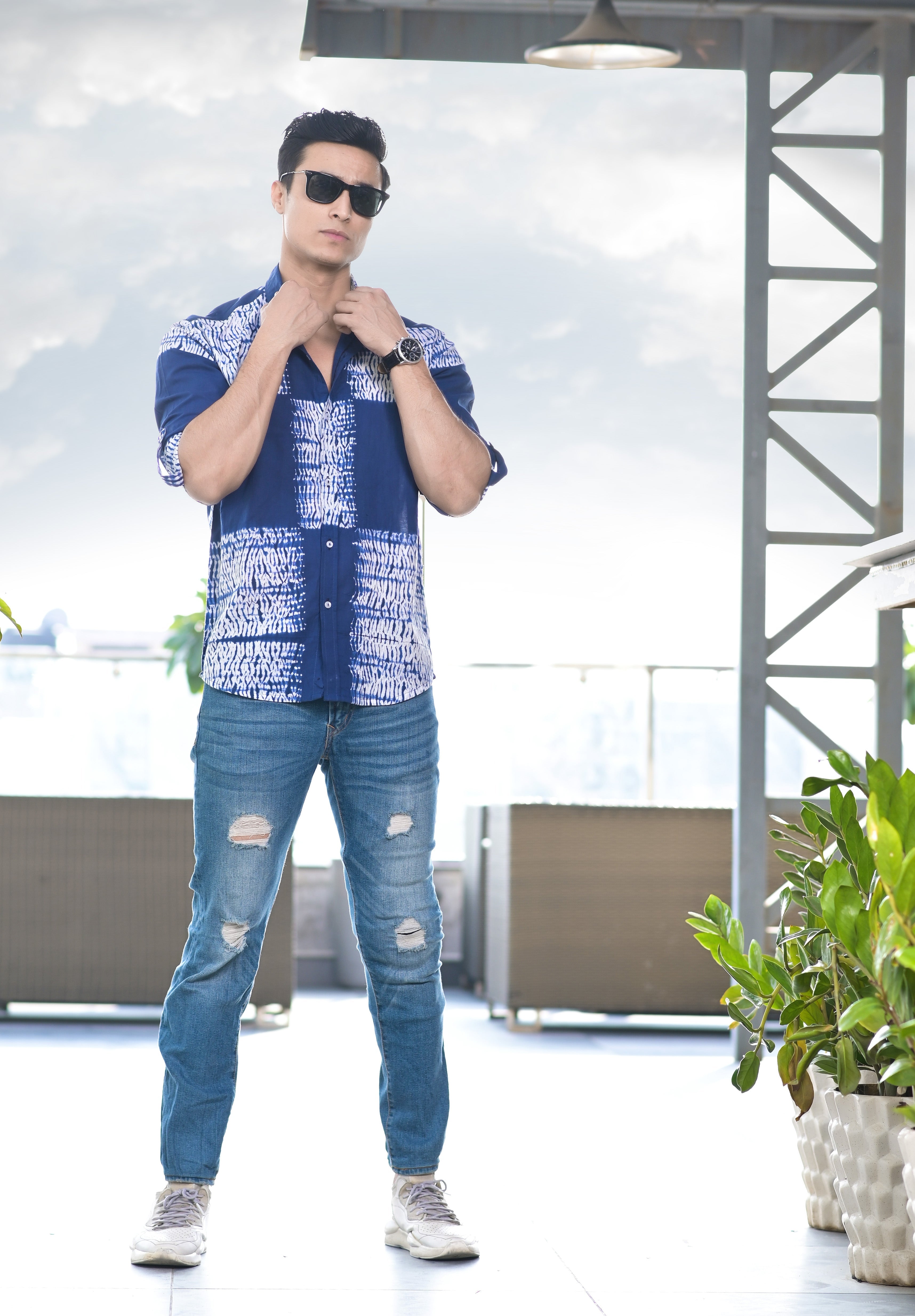 Qala Jaipur Blue Tie-Dye Cotton Shirt for Men | Rajasthani Hand-Dyed Shibori Shirt