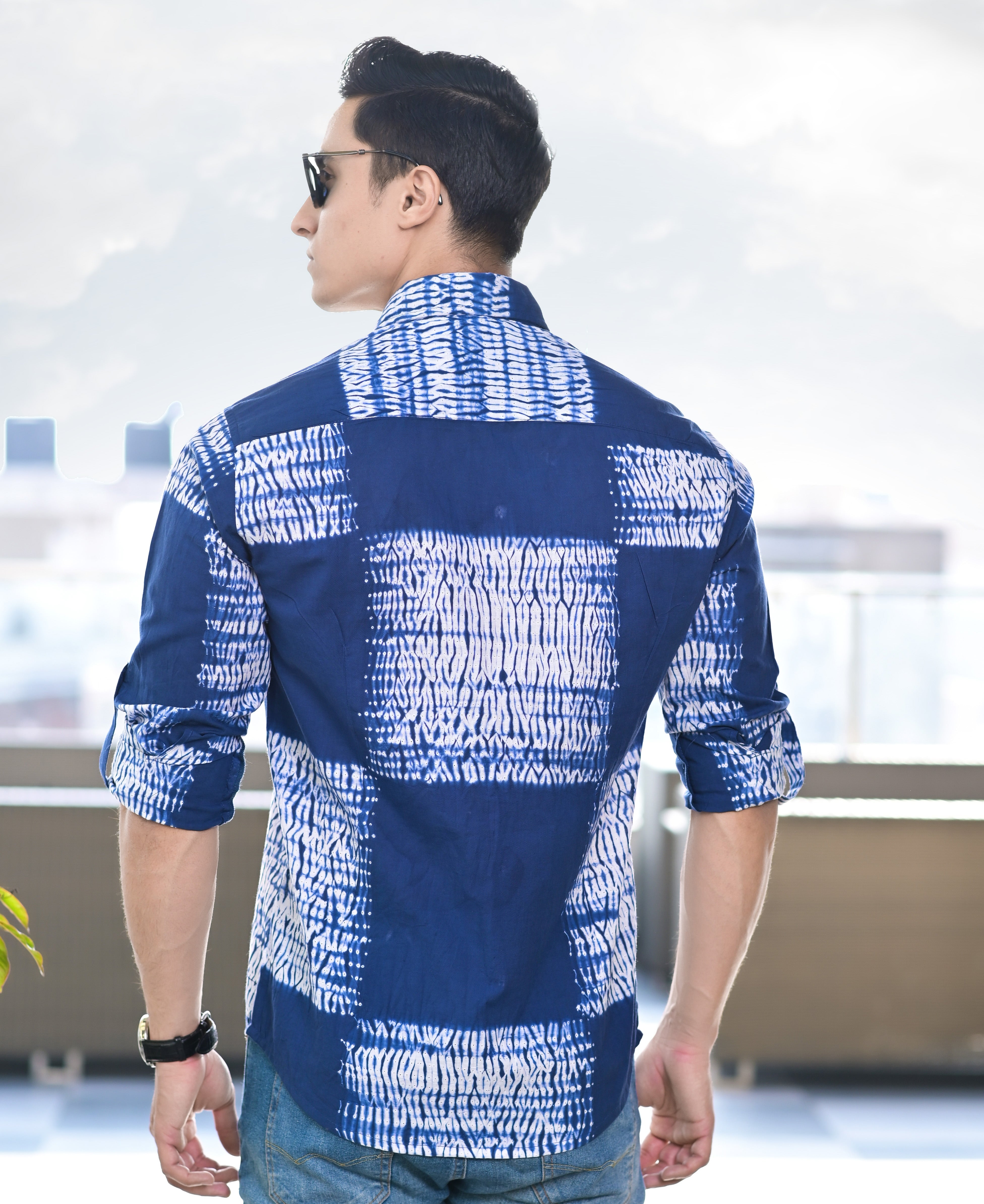 Qala Jaipur Blue Tie-Dye Cotton Shirt for Men | Rajasthani Hand-Dyed Shibori Shirt