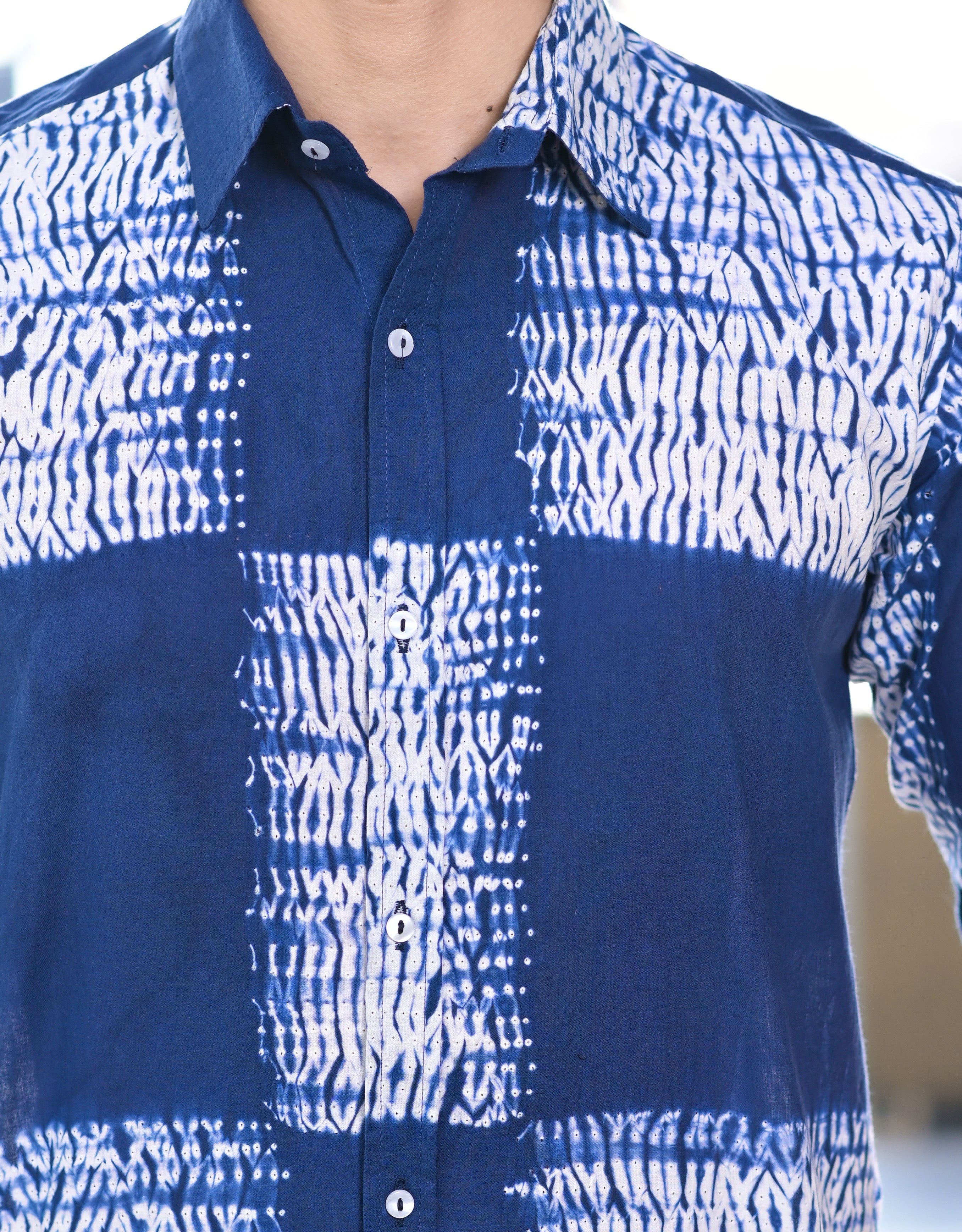 Qala Jaipur Blue Tie-Dye Cotton Shirt for Men | Rajasthani Hand-Dyed Shibori Shirt