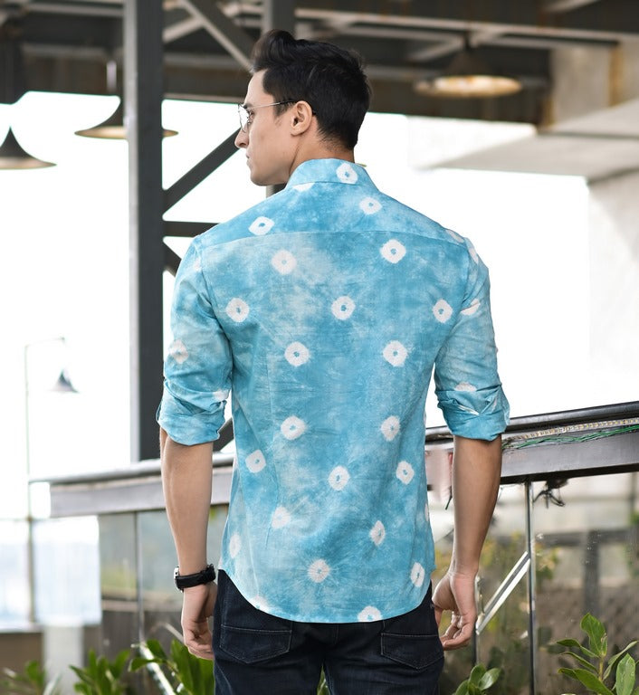 Qala Jaipur Light Blue Bandhani Tie-Dye Cotton Shirt for Men | Rajasthani Hand-Dyed Bandhani Shirt