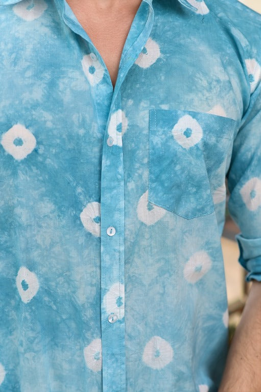 Qala Jaipur Light Blue Bandhani Tie-Dye Cotton Shirt for Men | Rajasthani Hand-Dyed Bandhani Shirt