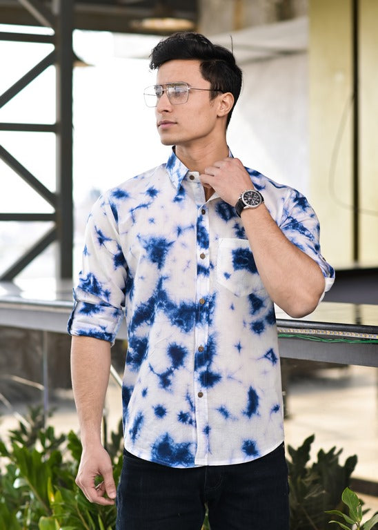 Qala Jaipur Blue & White Tie-Dye Cotton Shirt for Men | Rajasthani Hand-Dyed Shibori Shirt
